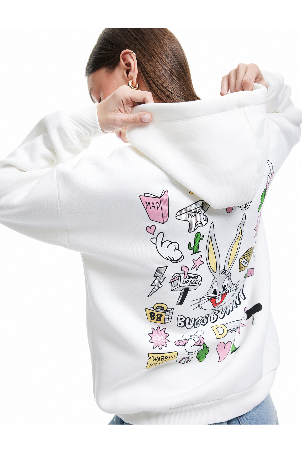 Bugs Bunny Lisanslı Arkası Baskılı Şardonlu Uzun Kollu Kapüşonlu Oversize Sweatshirt