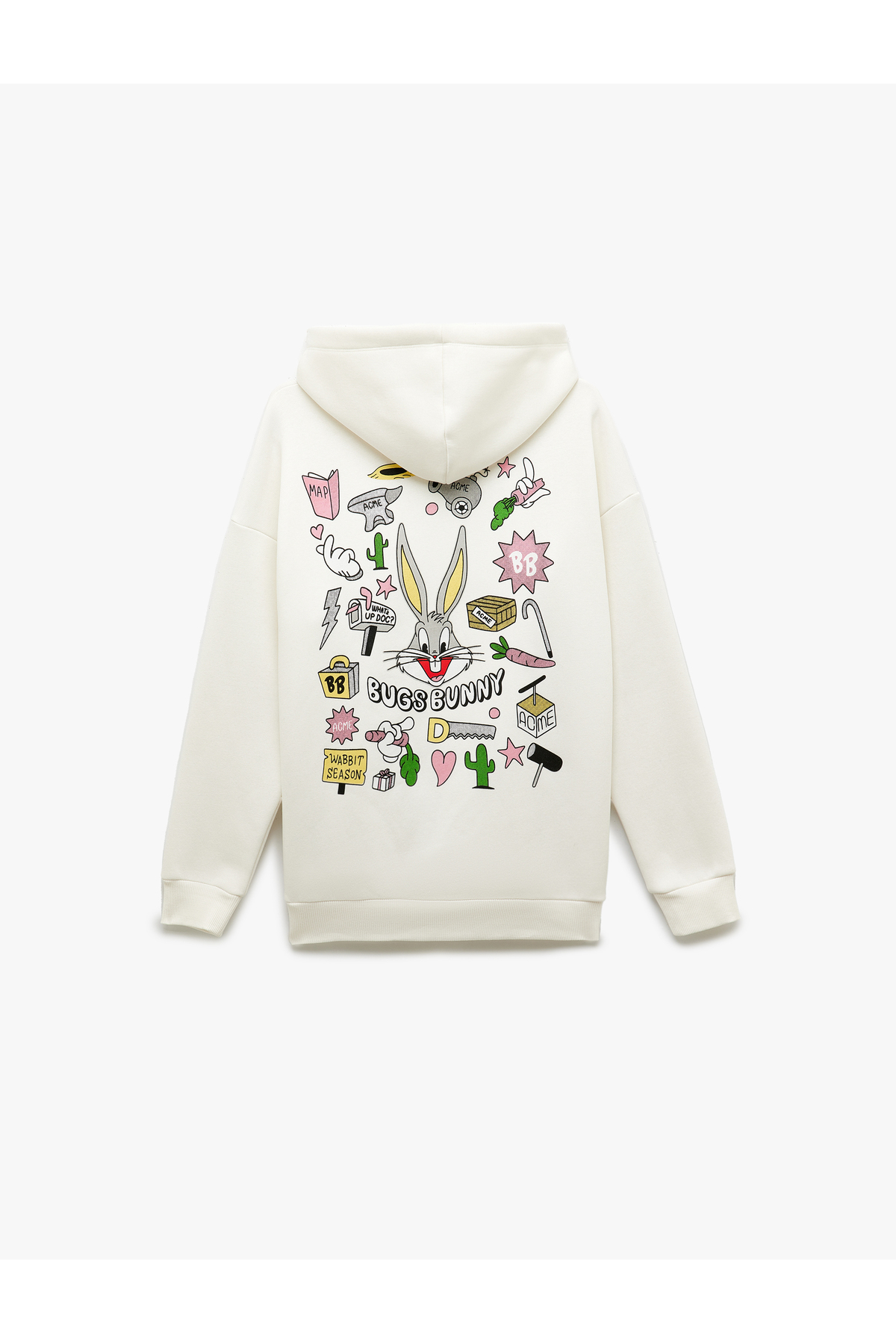 Bugs Bunny Lisanslı Arkası Baskılı Şardonlu Uzun Kollu Kapüşonlu Oversize Sweatshirt