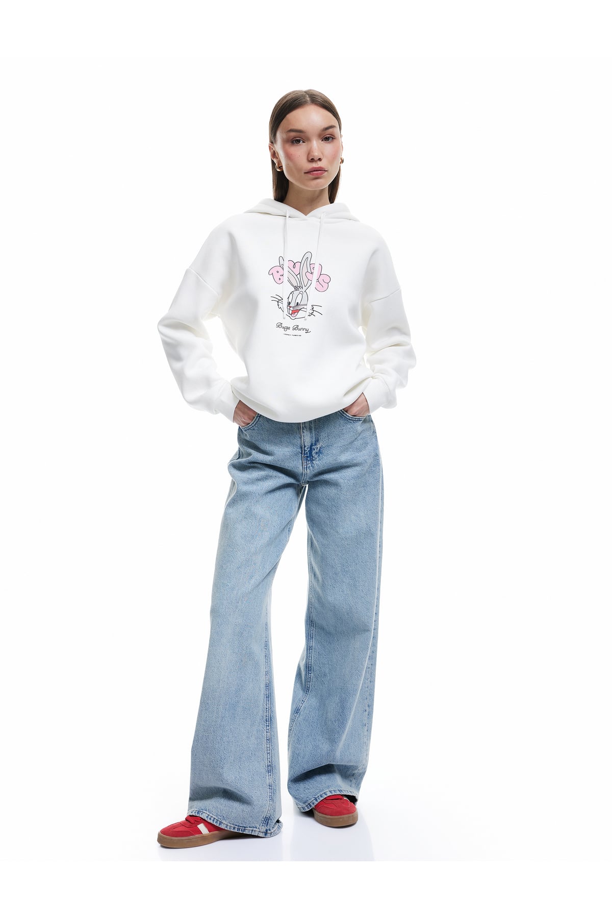 Bugs Bunny Lisanslı Arkası Baskılı Şardonlu Uzun Kollu Kapüşonlu Oversize Sweatshirt