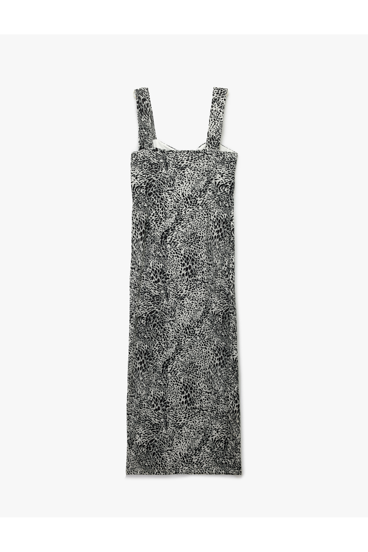 Bürümcük Kalın Askılı Bodycon Yırtmaç Detaylı Kolsuz Uzun Leopar Elbise
