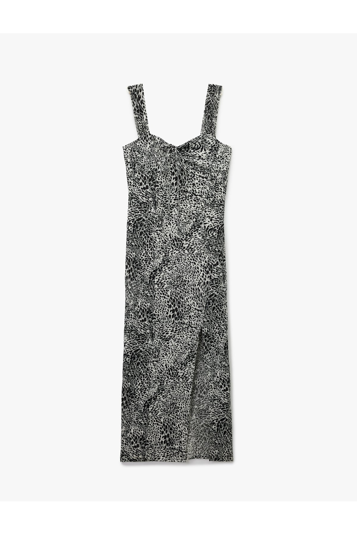 Bürümcük Kalın Askılı Bodycon Yırtmaç Detaylı Kolsuz Uzun Leopar Elbise