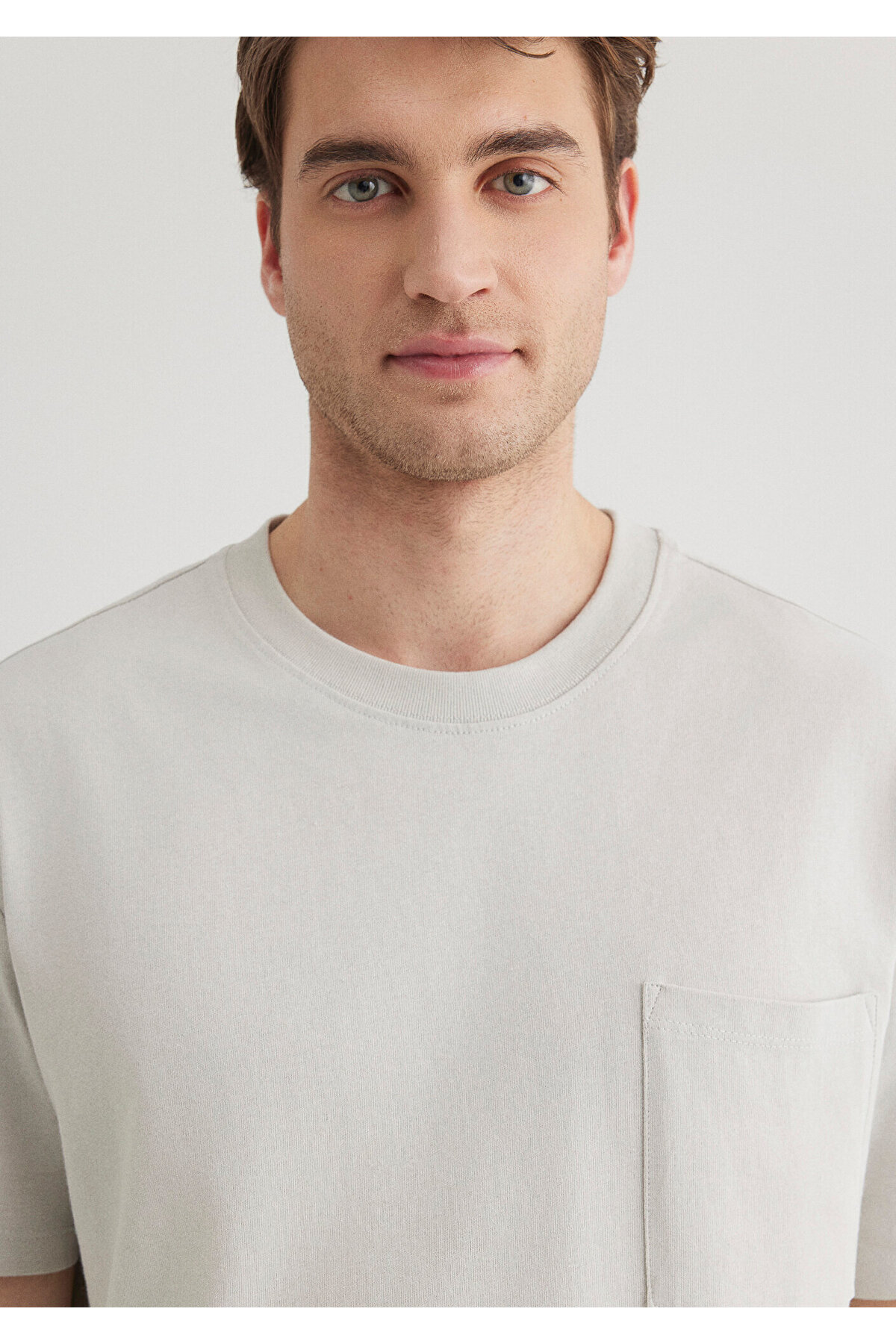 Cep Detaylı Gri Basic Tişört Loose Fit / Bol Rahat Kesim 066248-70080