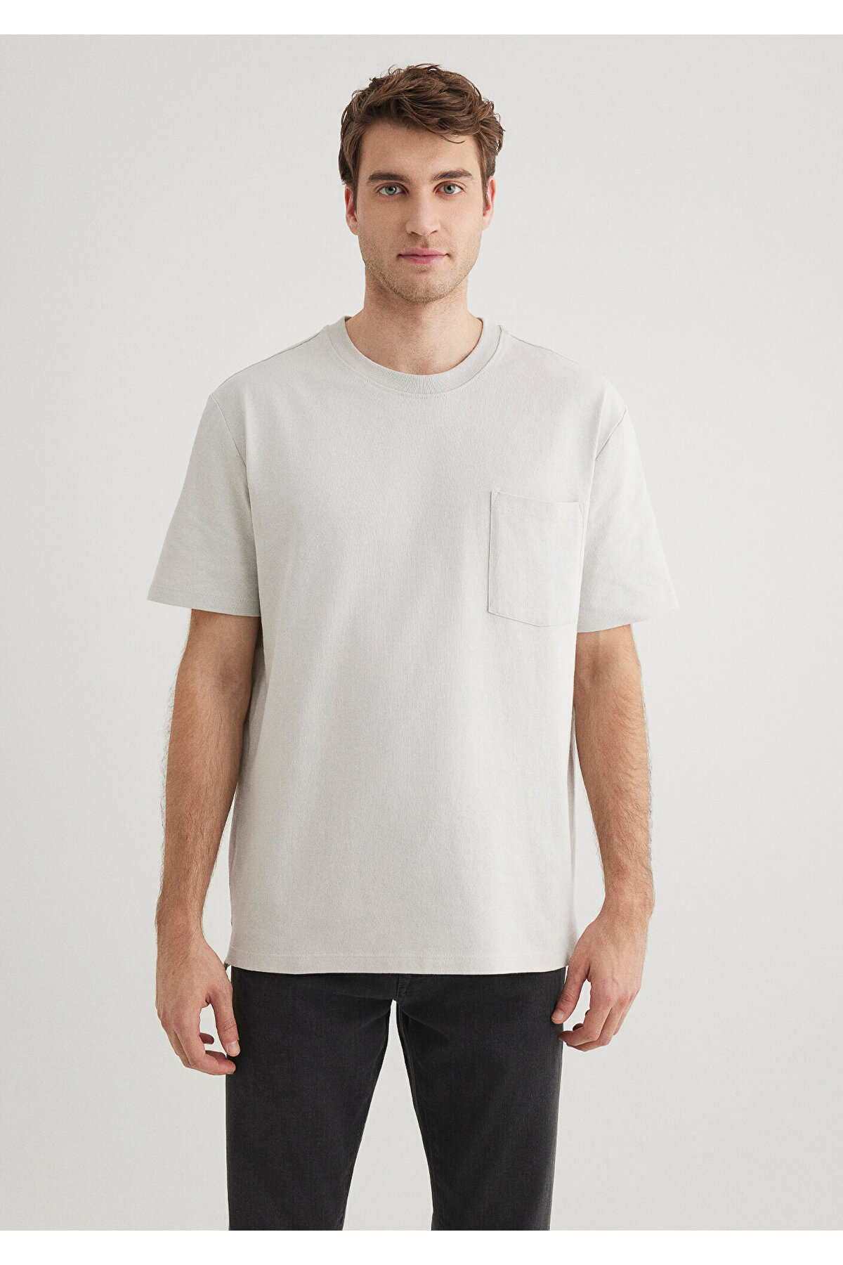 Cep Detaylı Gri Basic Tişört Loose Fit / Bol Rahat Kesim 066248-70080