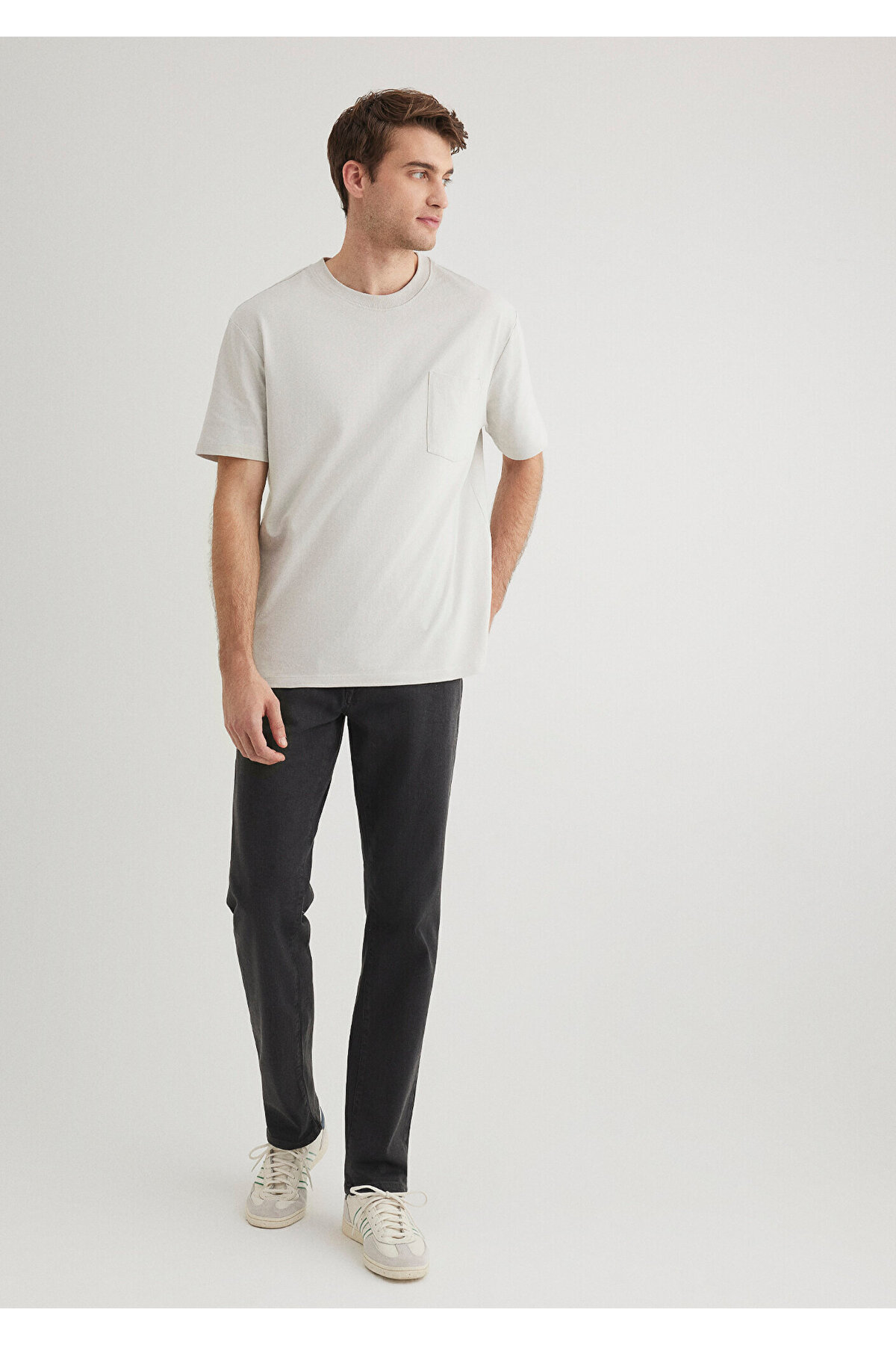Cep Detaylı Gri Basic Tişört Loose Fit / Bol Rahat Kesim 066248-70080