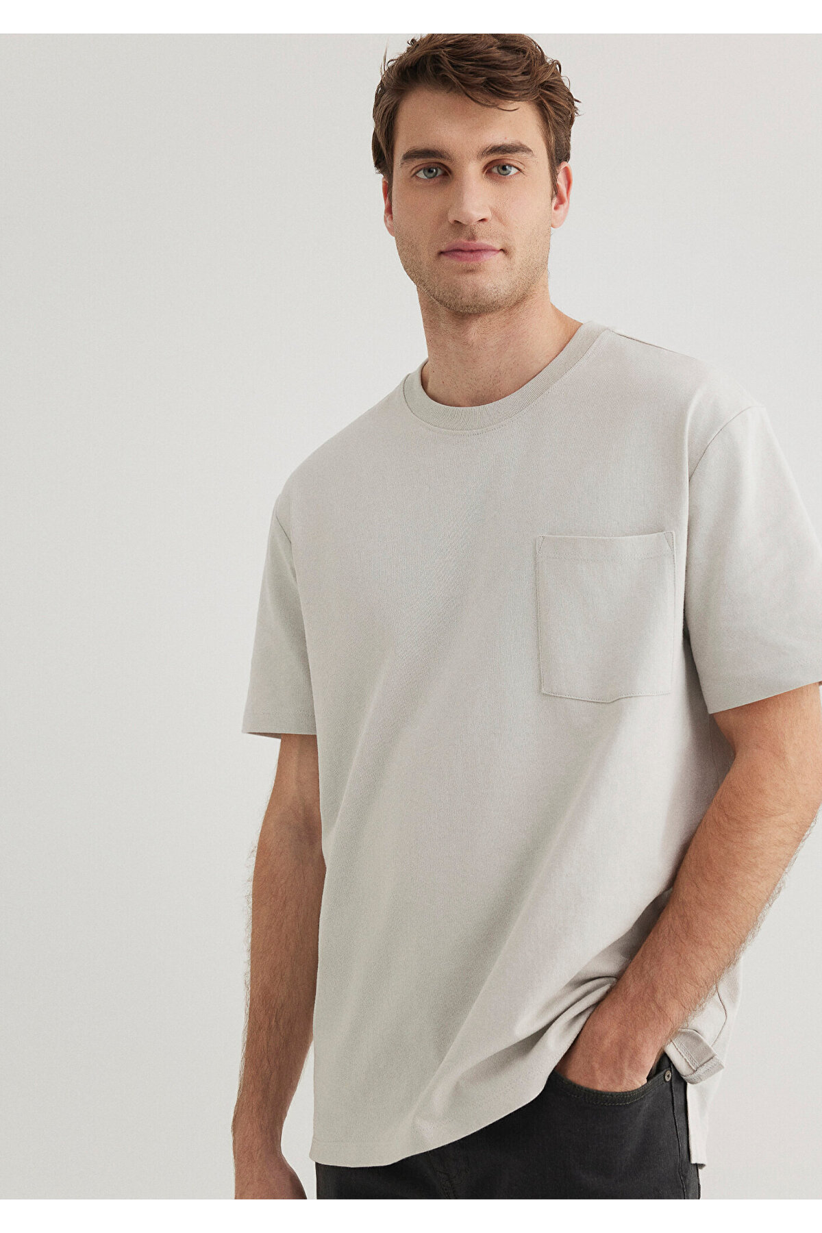Cep Detaylı Gri Basic Tişört Loose Fit / Bol Rahat Kesim 066248-70080