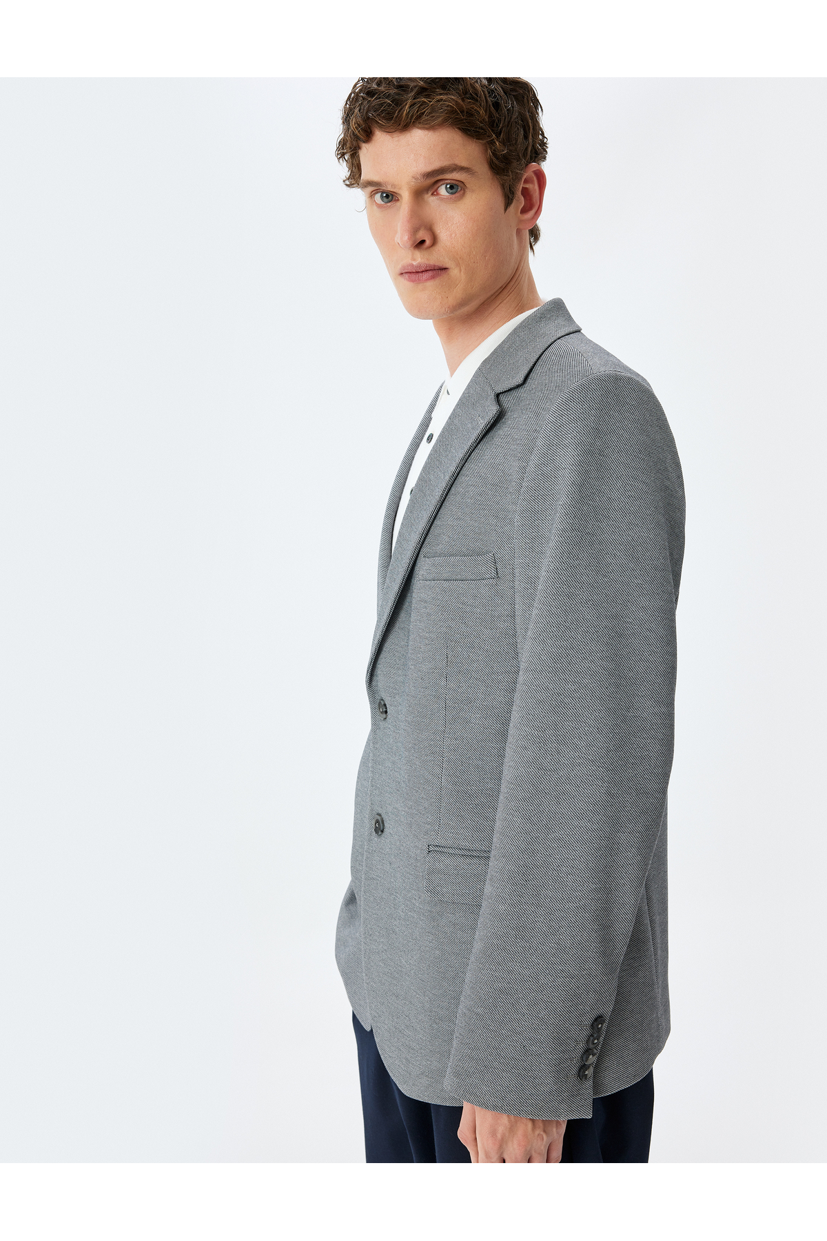 Cep Detaylı Pamuk Karışımlı Mono Yaka Slim Fit Blazer Ceket