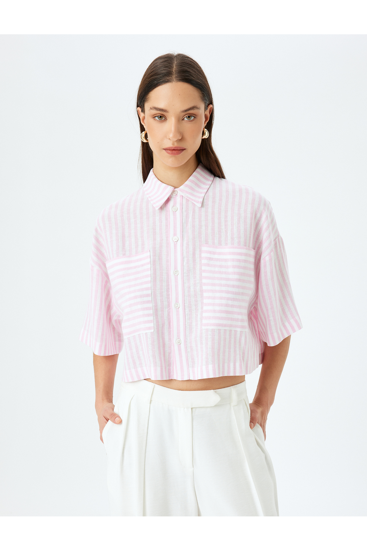 Cepli Kısa Kollu Çizgili Oversize Gömlek