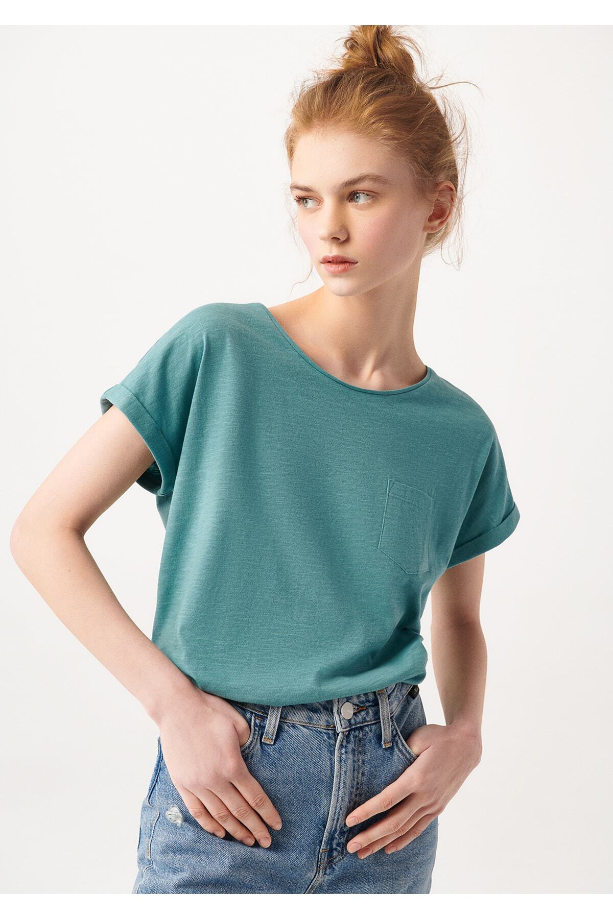 Cepli Yeşil Basic Tişört Loose Fit / Bol Rahat Kesim 165846-30735