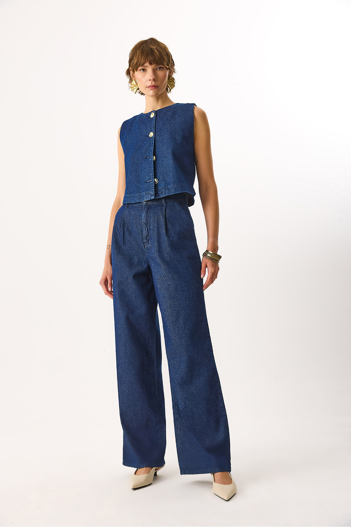 Chloe Wide Leg Dark Blue %100 Pamuk Jean Palazzo Pantolon - DARK BLUE