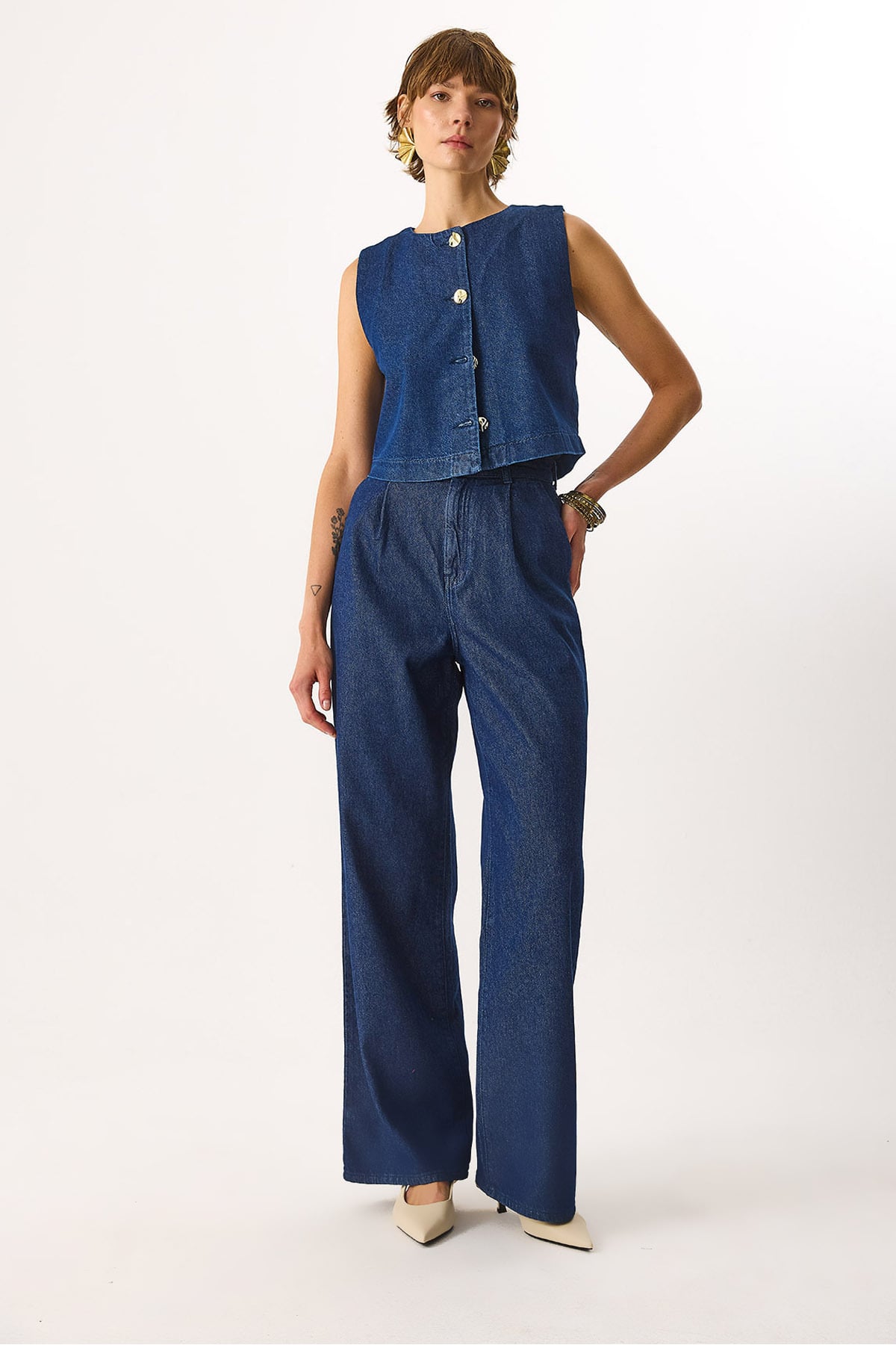 Chloe Wide Leg Dark Blue %100 Pamuk Jean Palazzo Pantolon - DARK BLUE