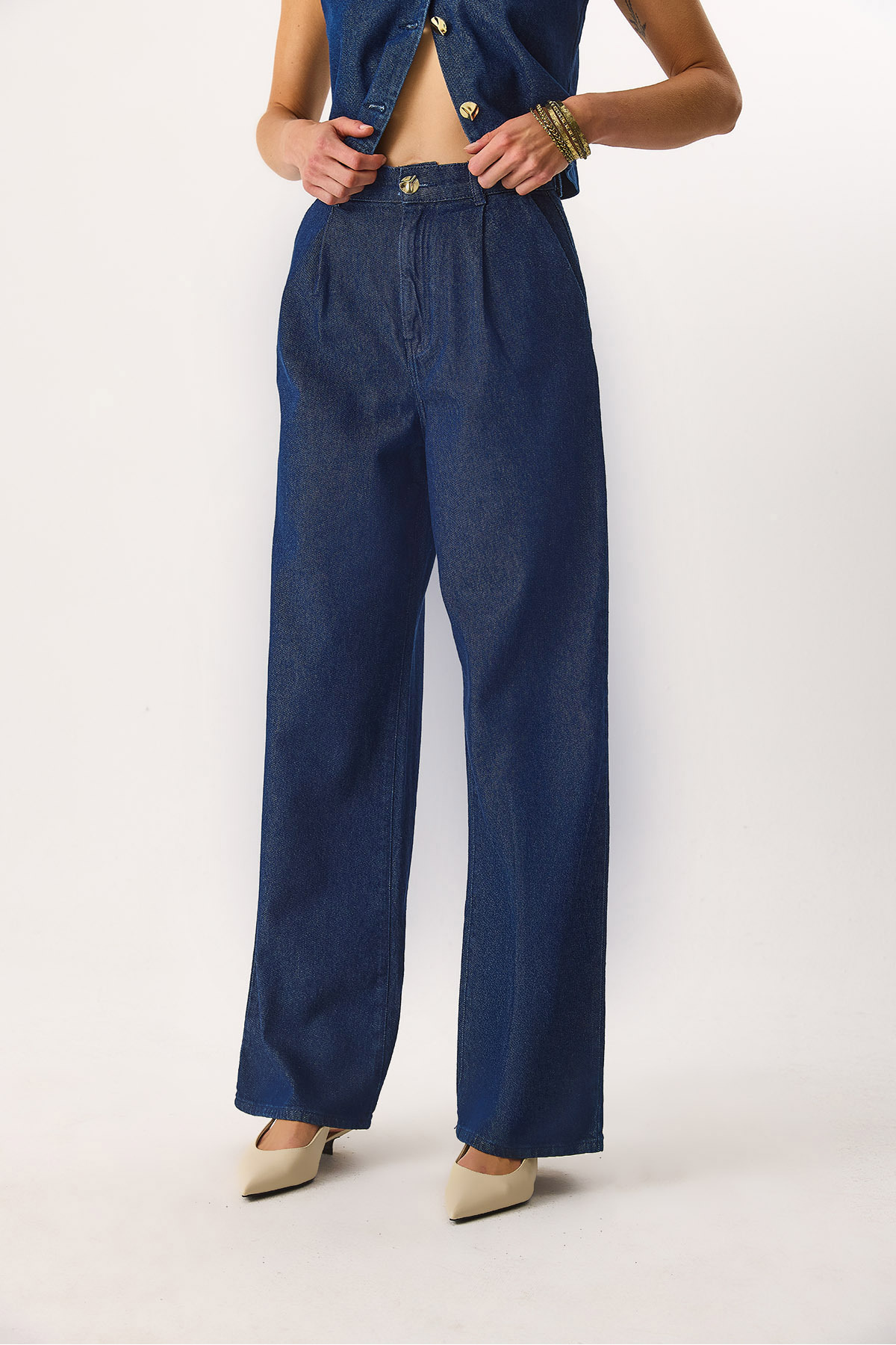 Chloe Wide Leg Dark Blue %100 Pamuk Jean Palazzo Pantolon - DARK BLUE