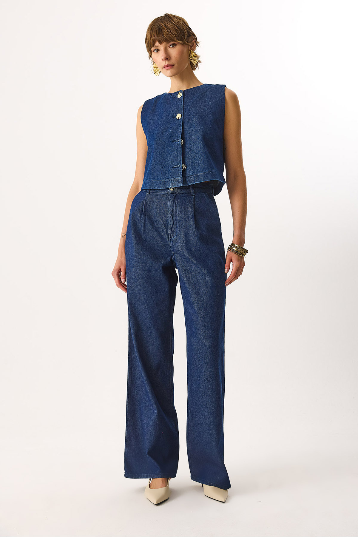 Chloe Wide Leg Dark Blue %100 Pamuk Jean Palazzo Pantolon - DARK BLUE