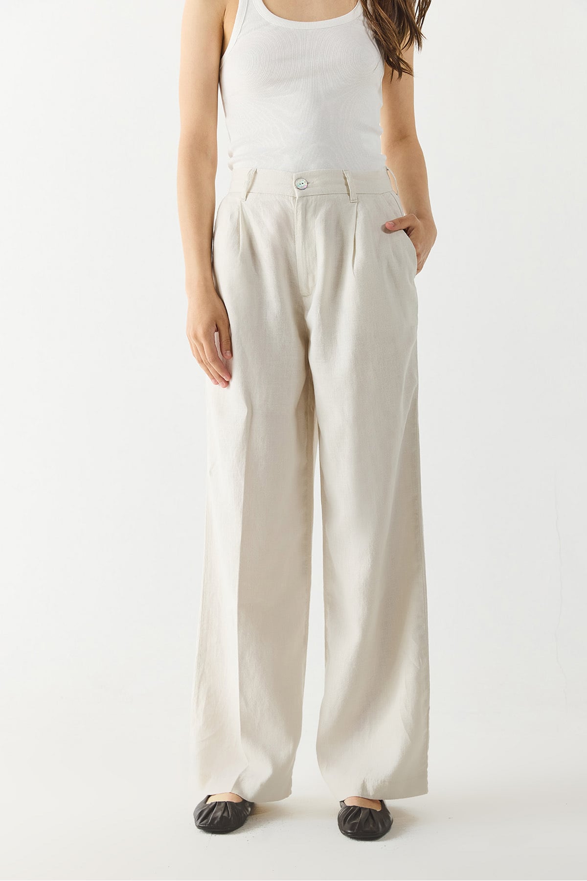 Chloe Wide Leg Keten Palazzo Pantolon - Ekru