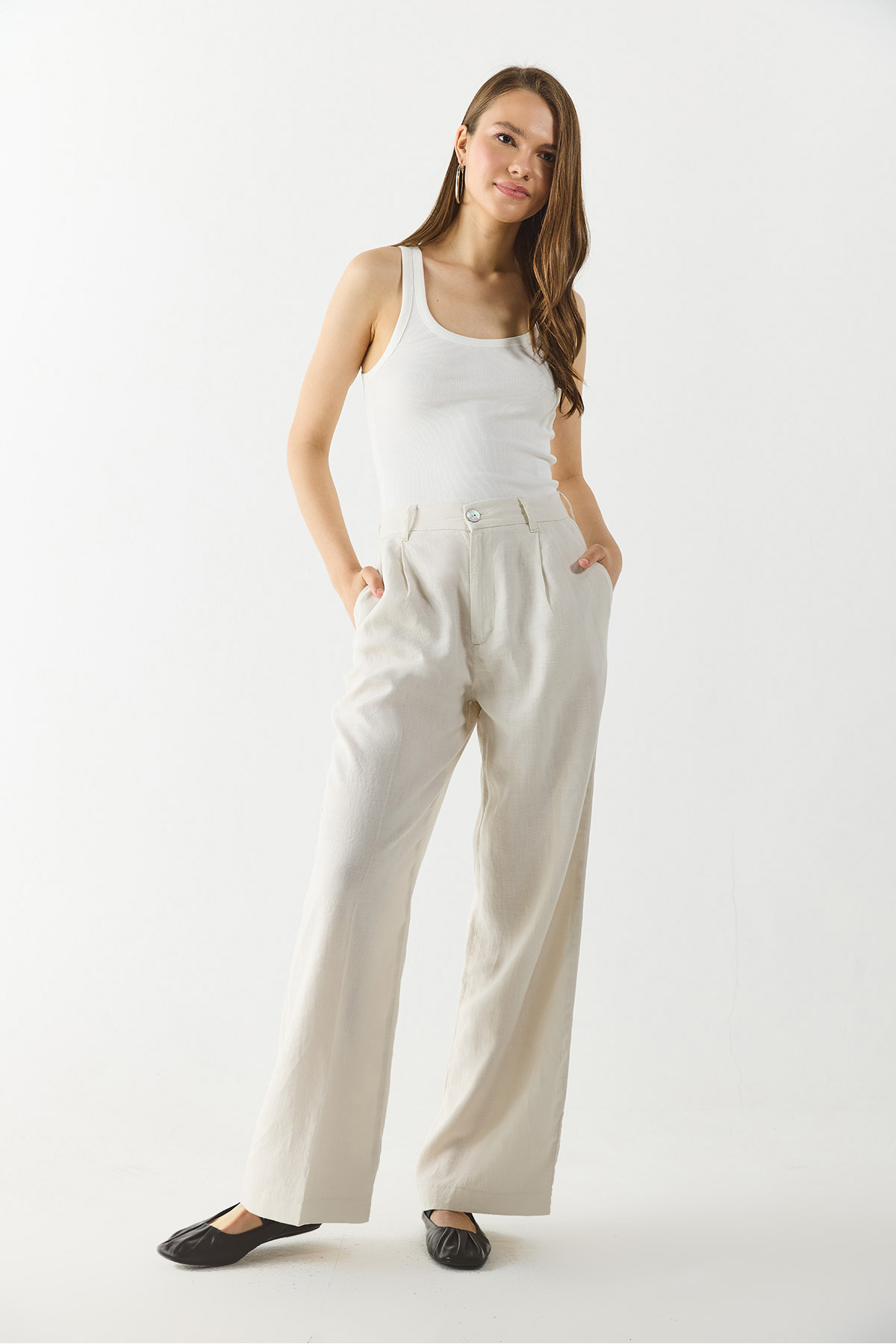 Chloe Wide Leg Keten Palazzo Pantolon - Ekru