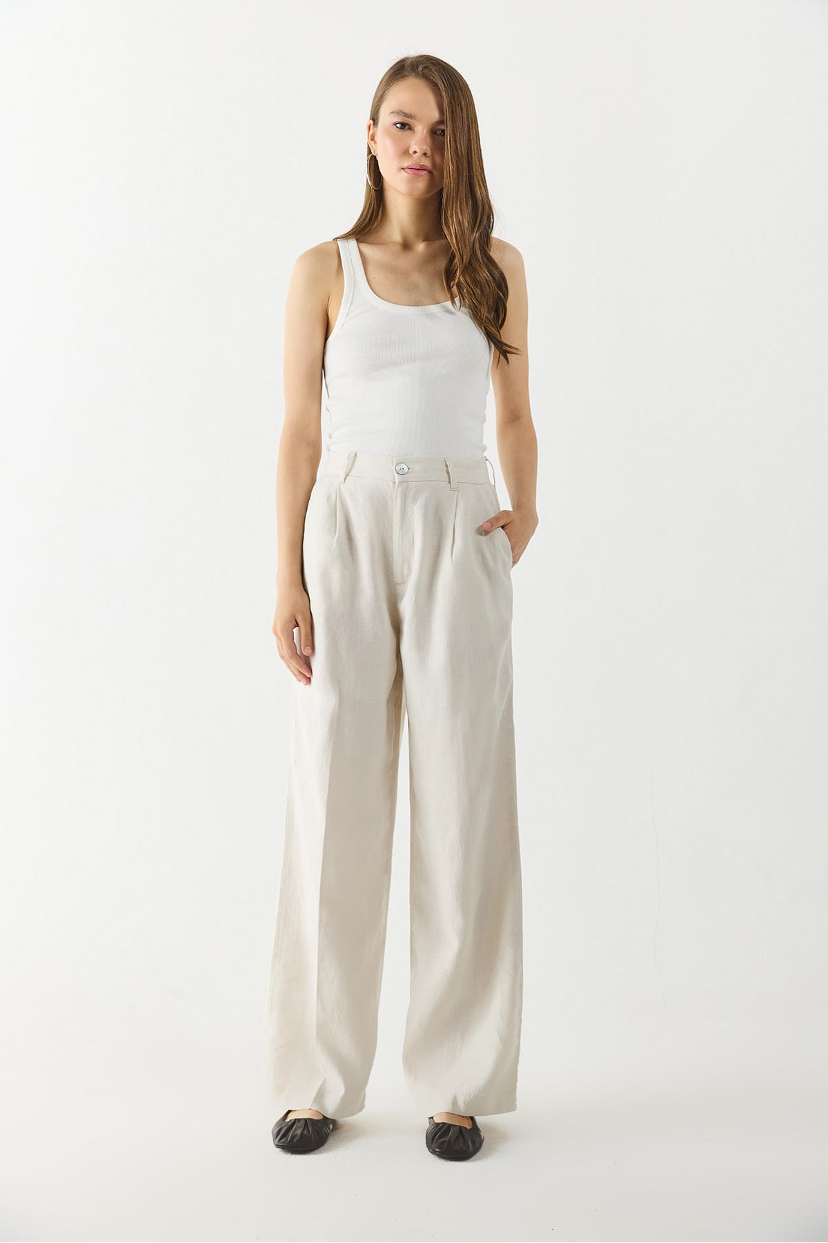 Chloe Wide Leg Keten Palazzo Pantolon - Ekru