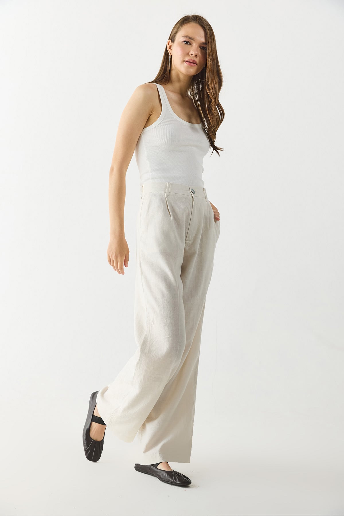 Chloe Wide Leg Keten Palazzo Pantolon - Ekru