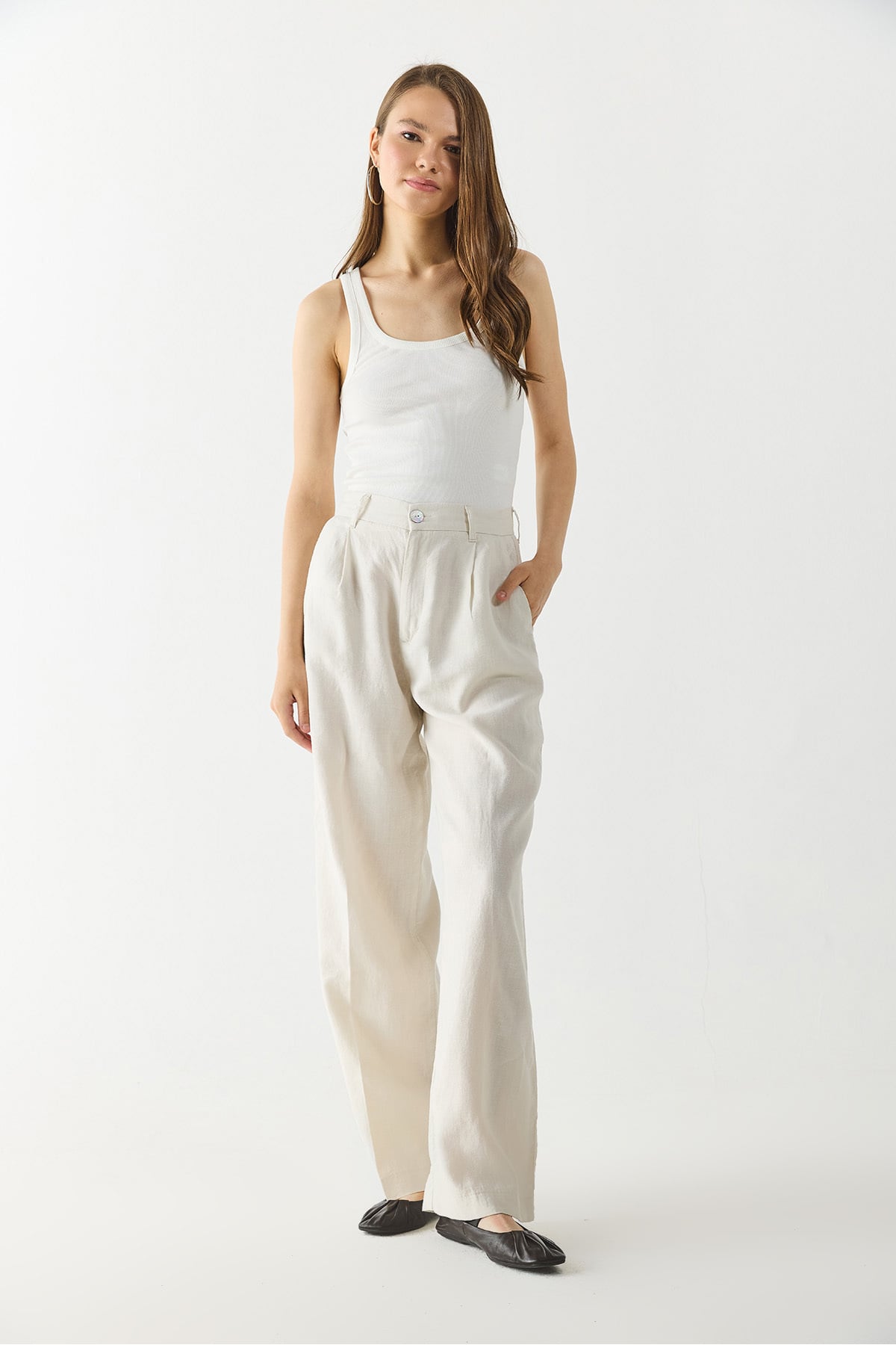 Chloe Wide Leg Keten Palazzo Pantolon - Ekru