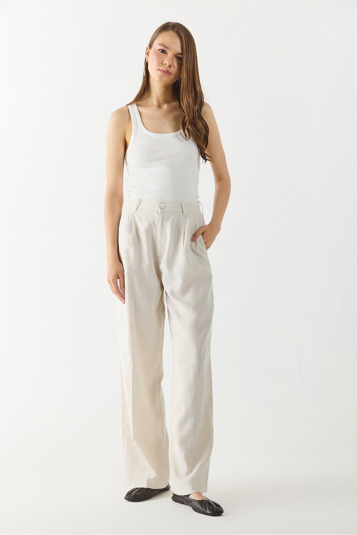 Chloe Wide Leg Keten Palazzo Pantolon - Ekru