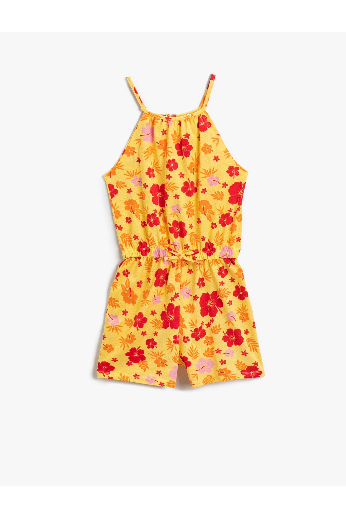 Çiçekli Halter Yaka Şort Tulum Pamuklu