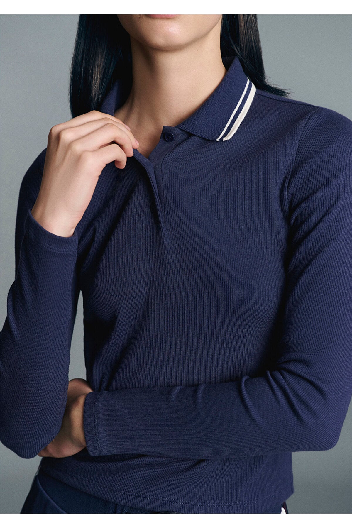 Çizgi Detaylı Lacivert Polo Tişört Fitted / Vücuda Oturan Kesim 1613836-80729