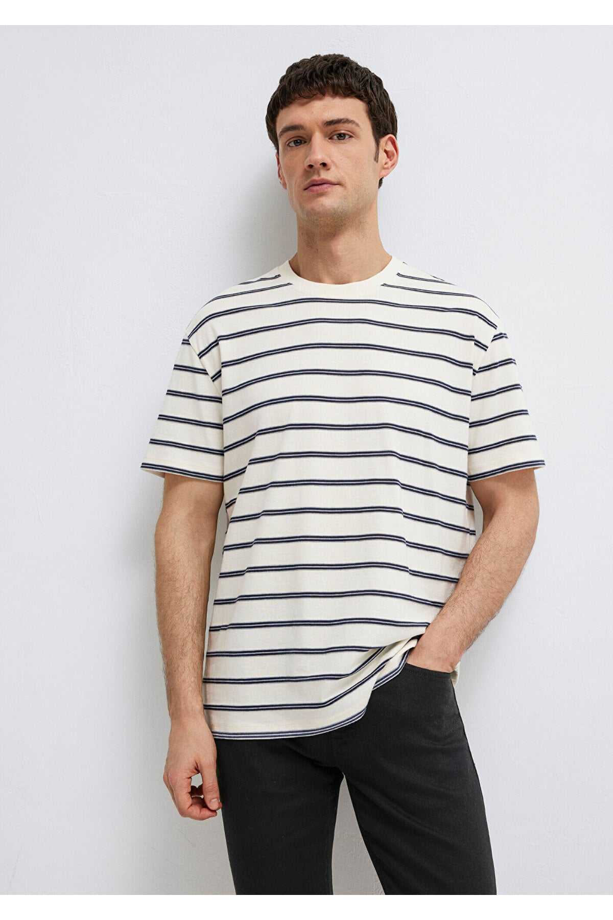Çizgili Ekru Tişört Loose Fit / Bol Rahat Kesim 0613138-70057