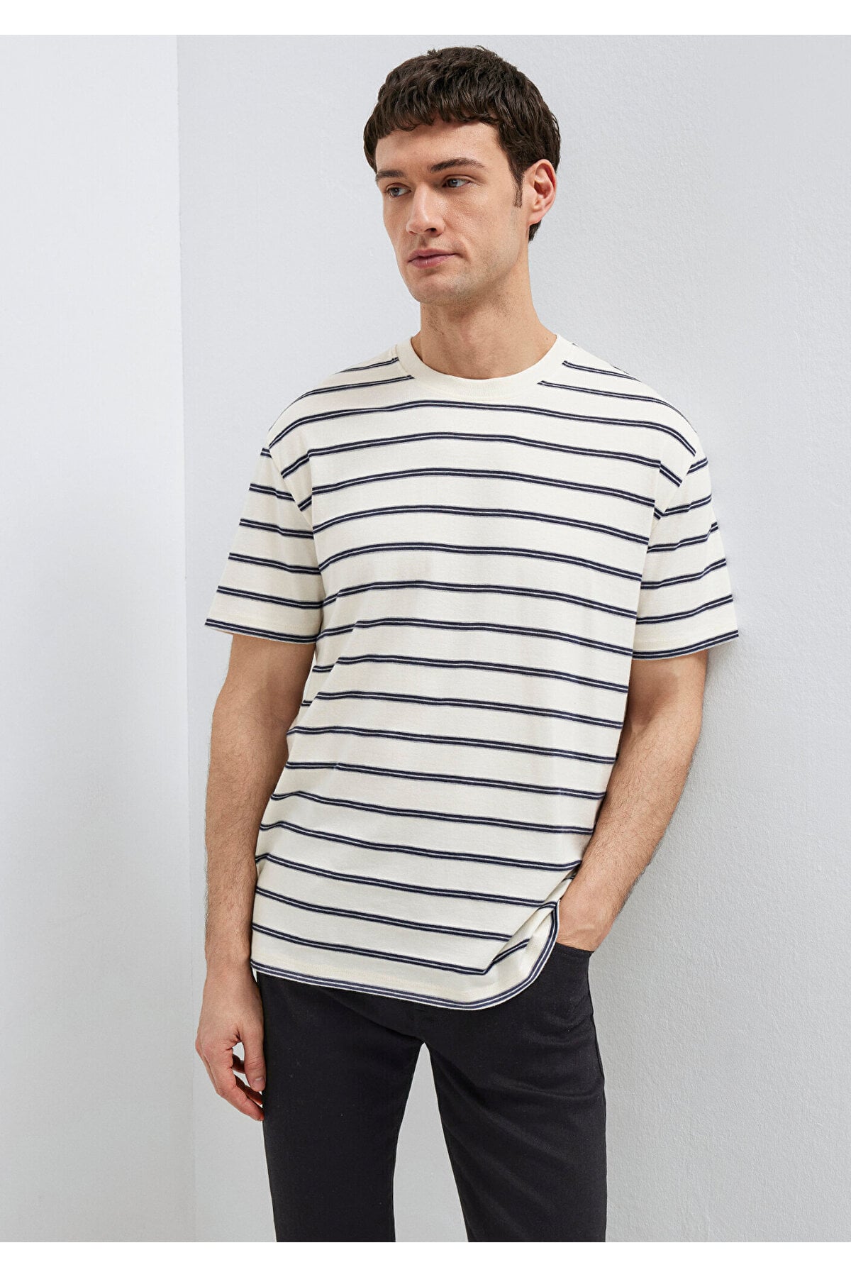 Çizgili Ekru Tişört Loose Fit / Bol Rahat Kesim 0613138-70057