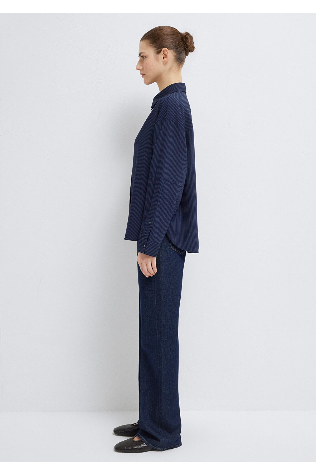 Çizgili Lacivert Gömlek Oversize / Geniş Kesim 1210878-83699