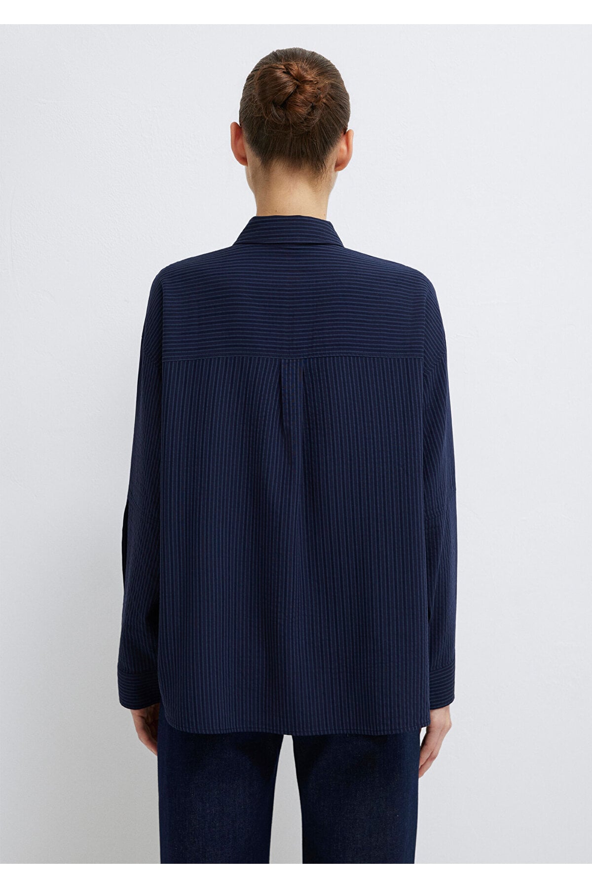 Çizgili Lacivert Gömlek Oversize / Geniş Kesim 1210878-83699