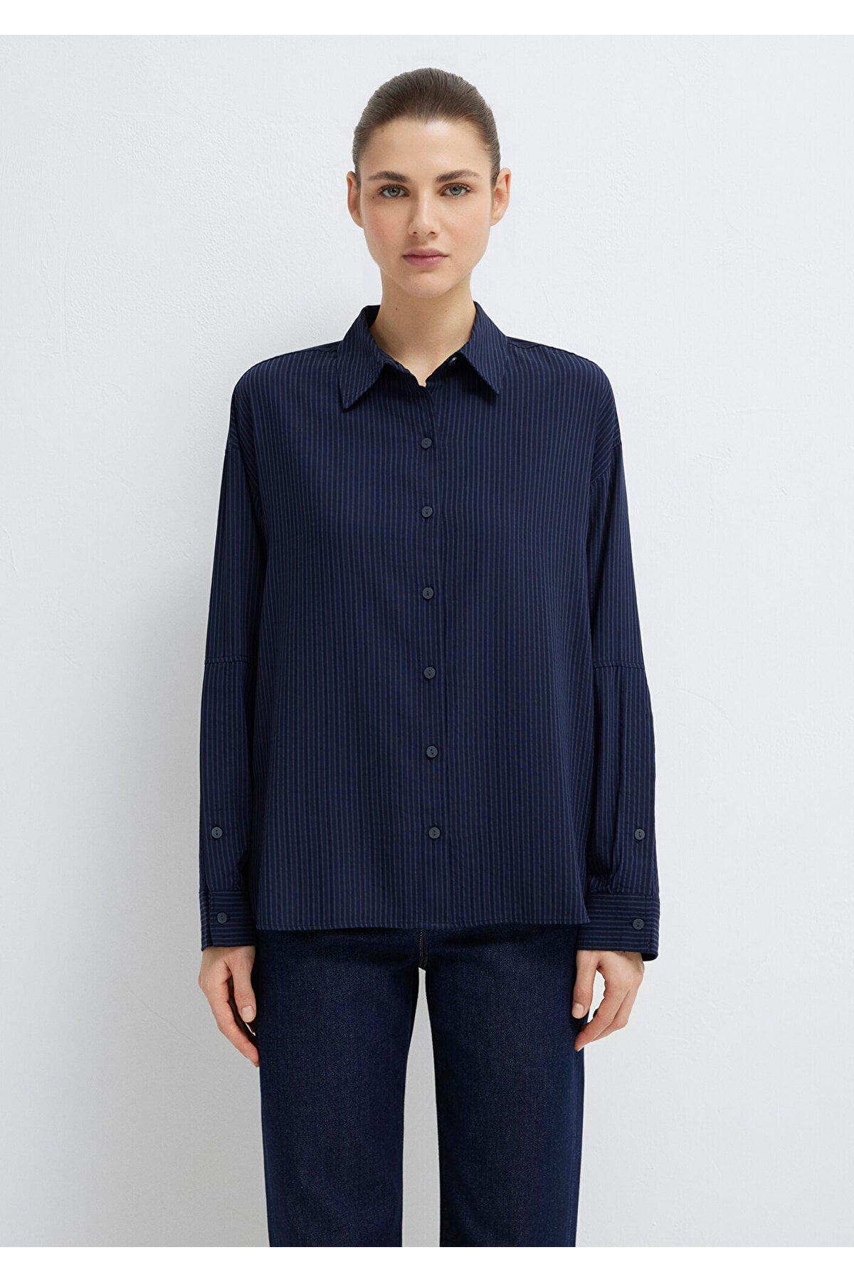 Çizgili Lacivert Gömlek Oversize / Geniş Kesim 1210878-83699