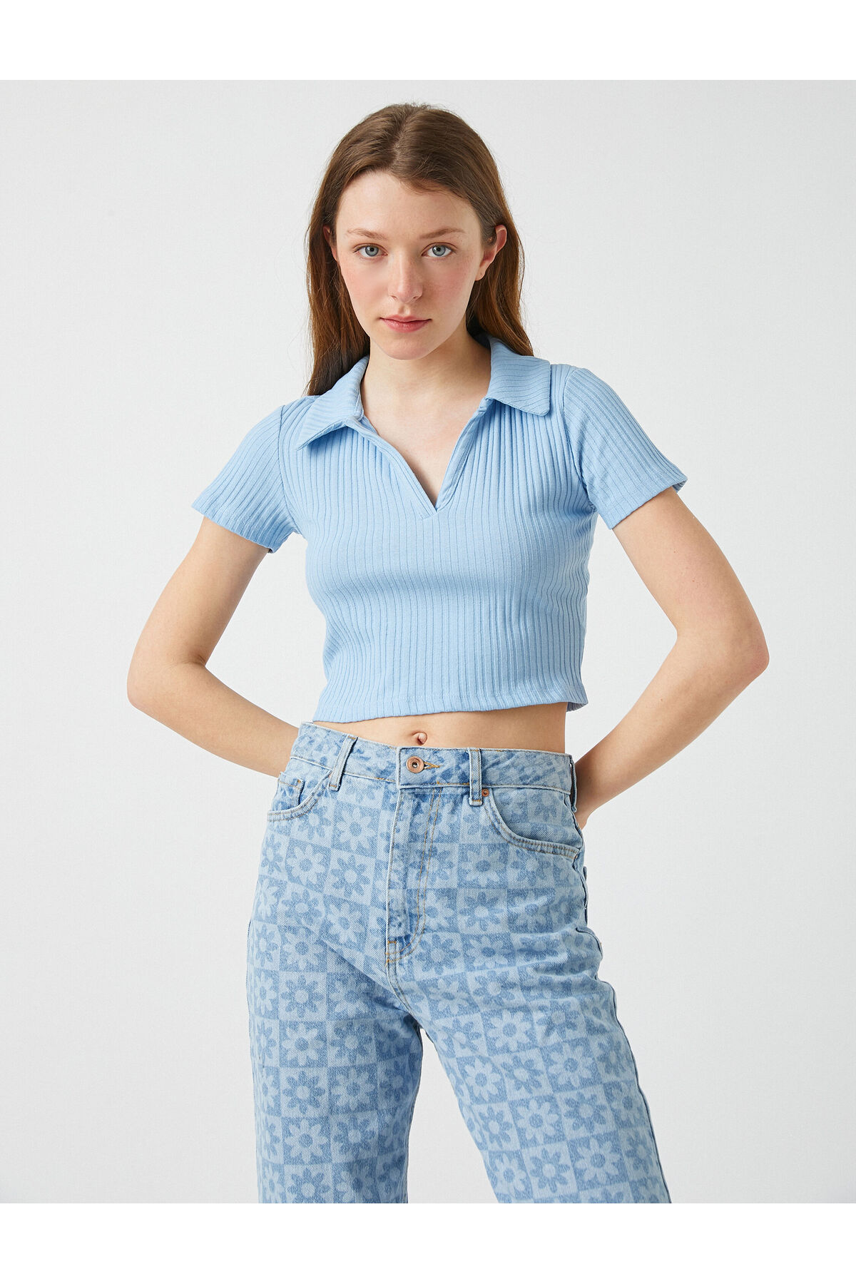 Crop Polo Yaka Tişört Ribana