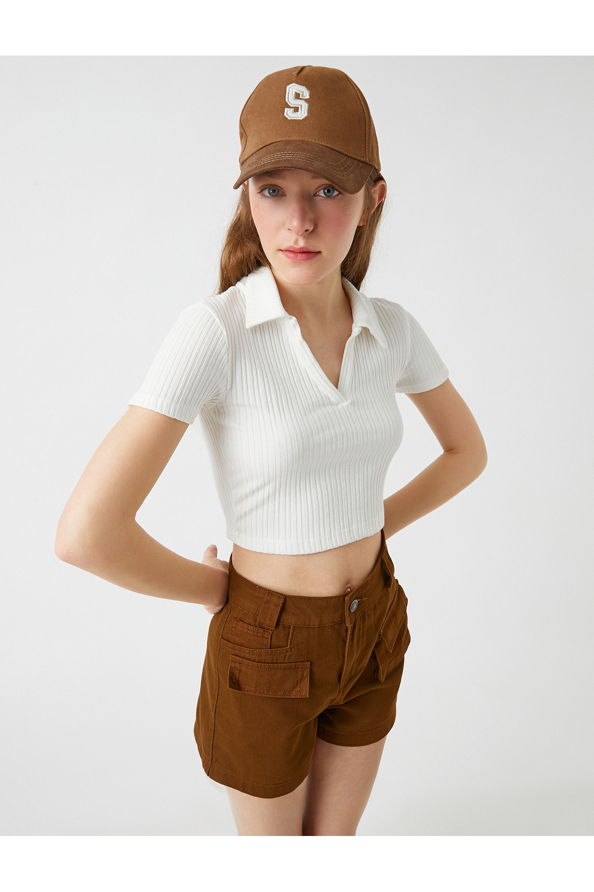 Crop Polo Yaka Tişört Ribana