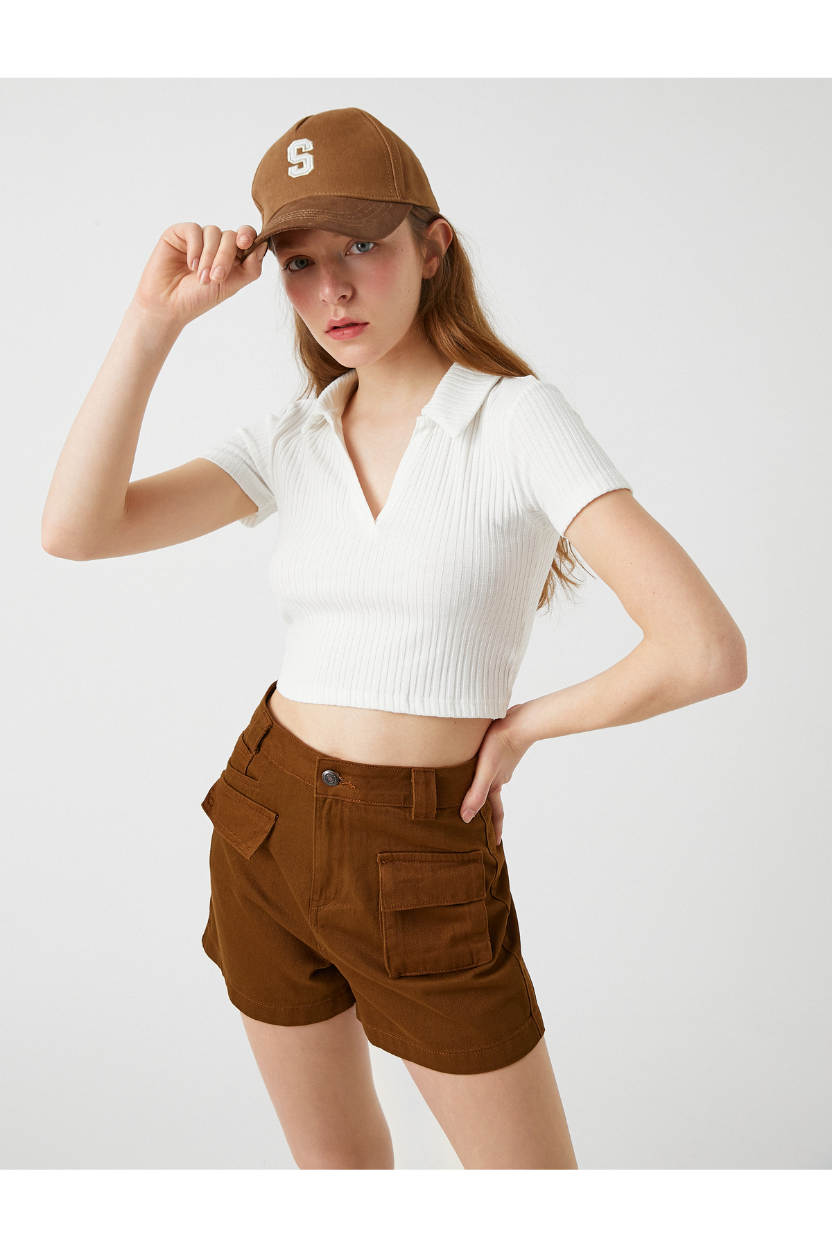 Crop Polo Yaka Tişört Ribana