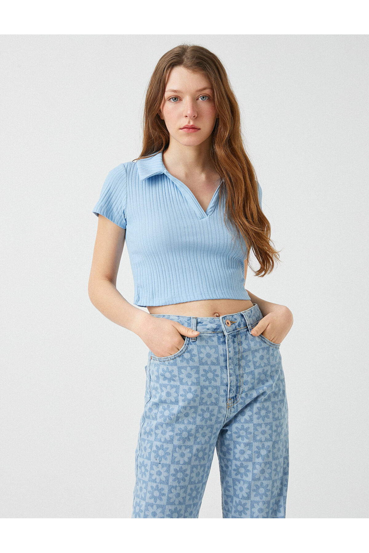 Crop Polo Yaka Tişört Ribana