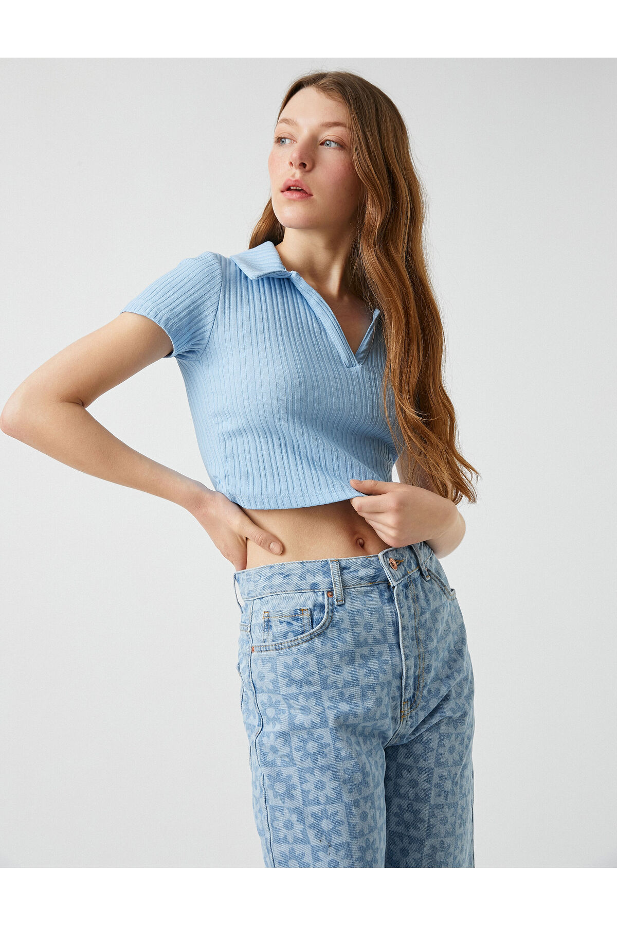 Crop Polo Yaka Tişört Ribana