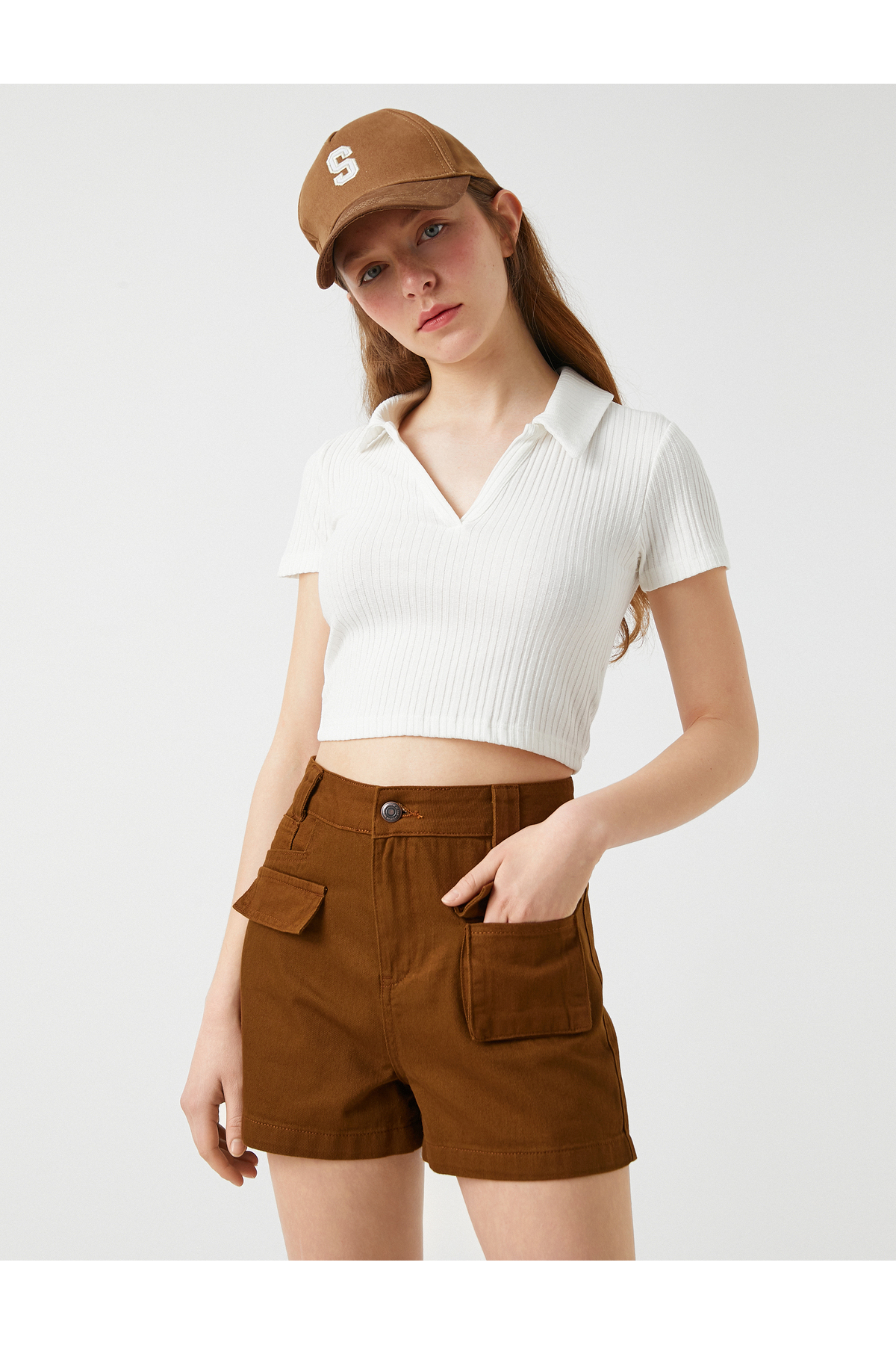 Crop Polo Yaka Tişört Ribana