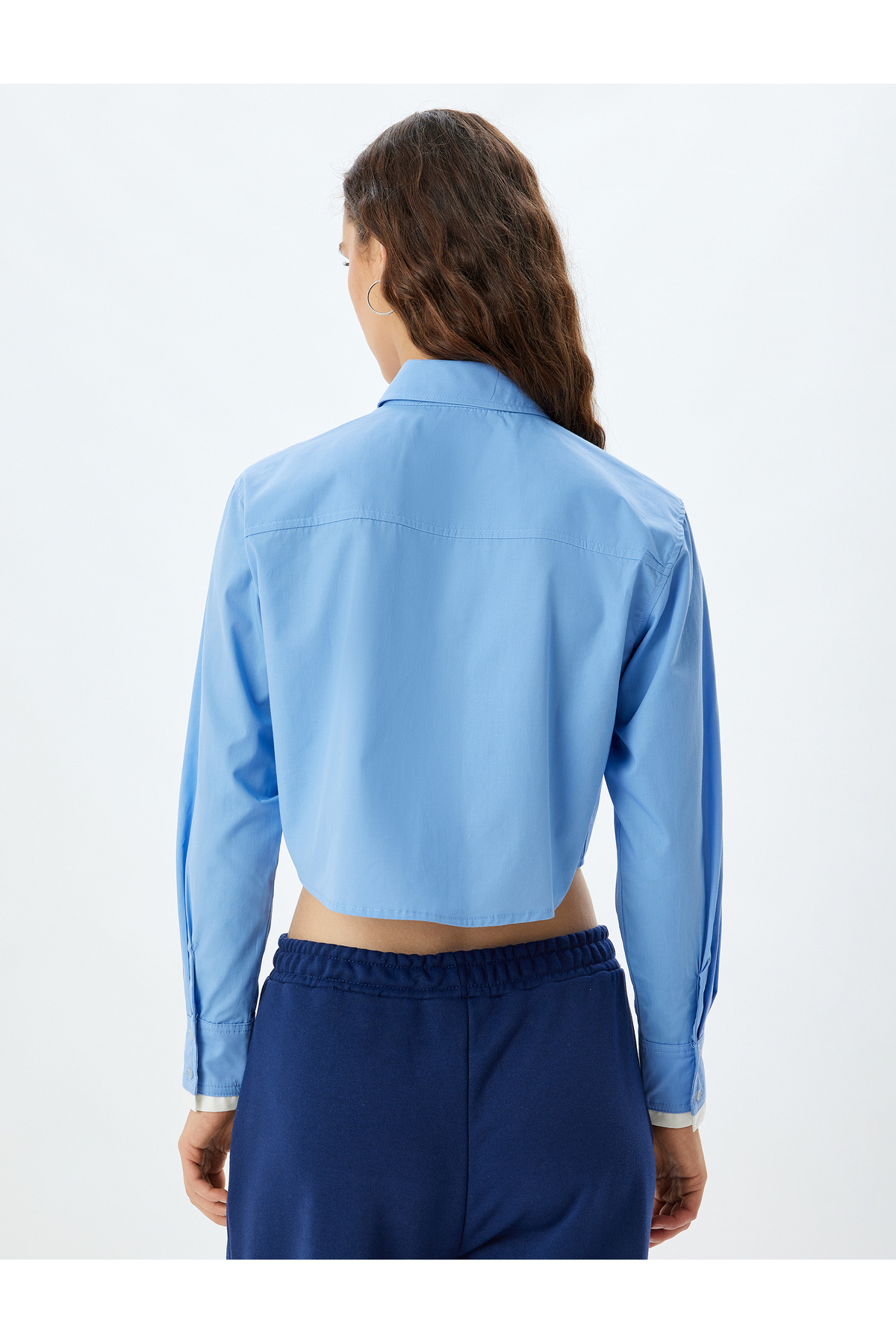 Crop Poplin Gömlek Klasik Yaka Düğmeli Renk Bloklu Cep Detaylı