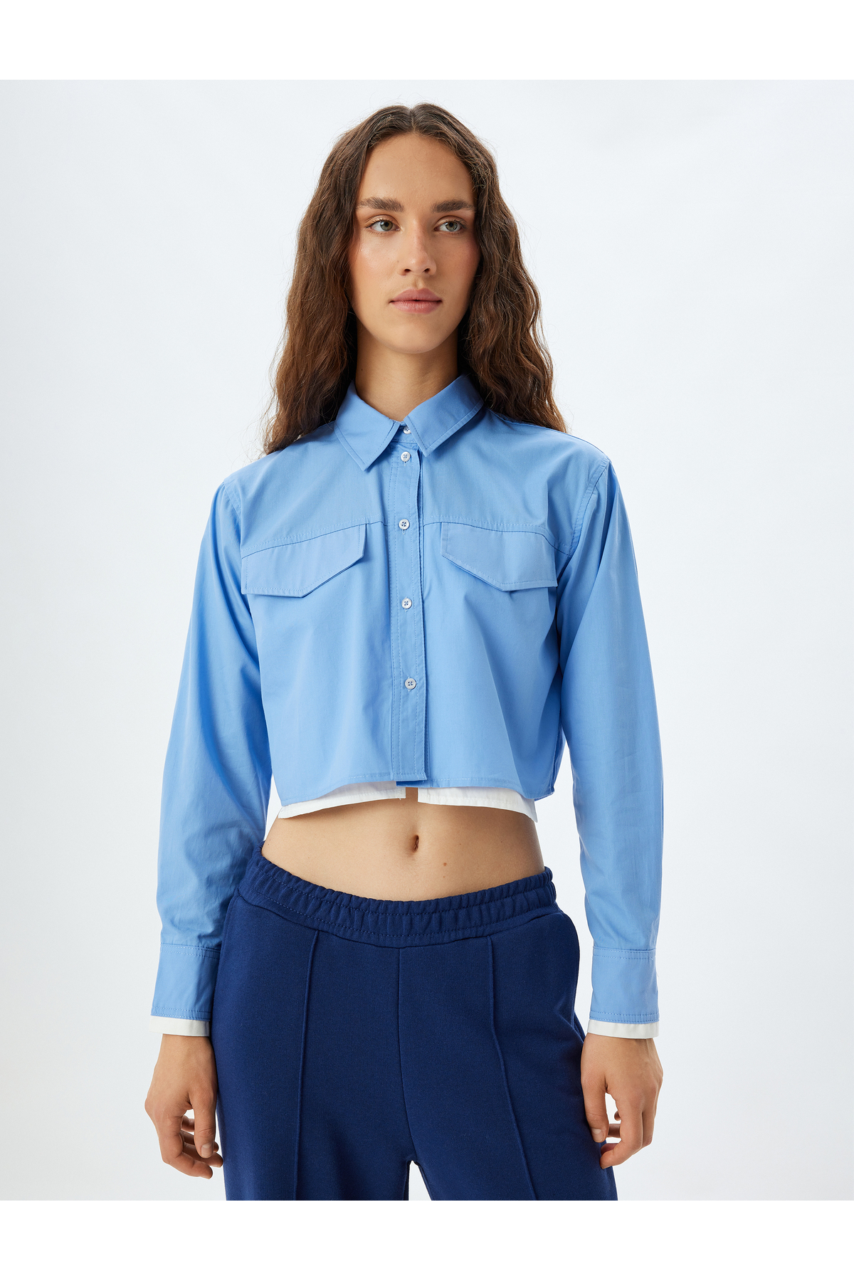 Crop Poplin Gömlek Klasik Yaka Düğmeli Renk Bloklu Cep Detaylı