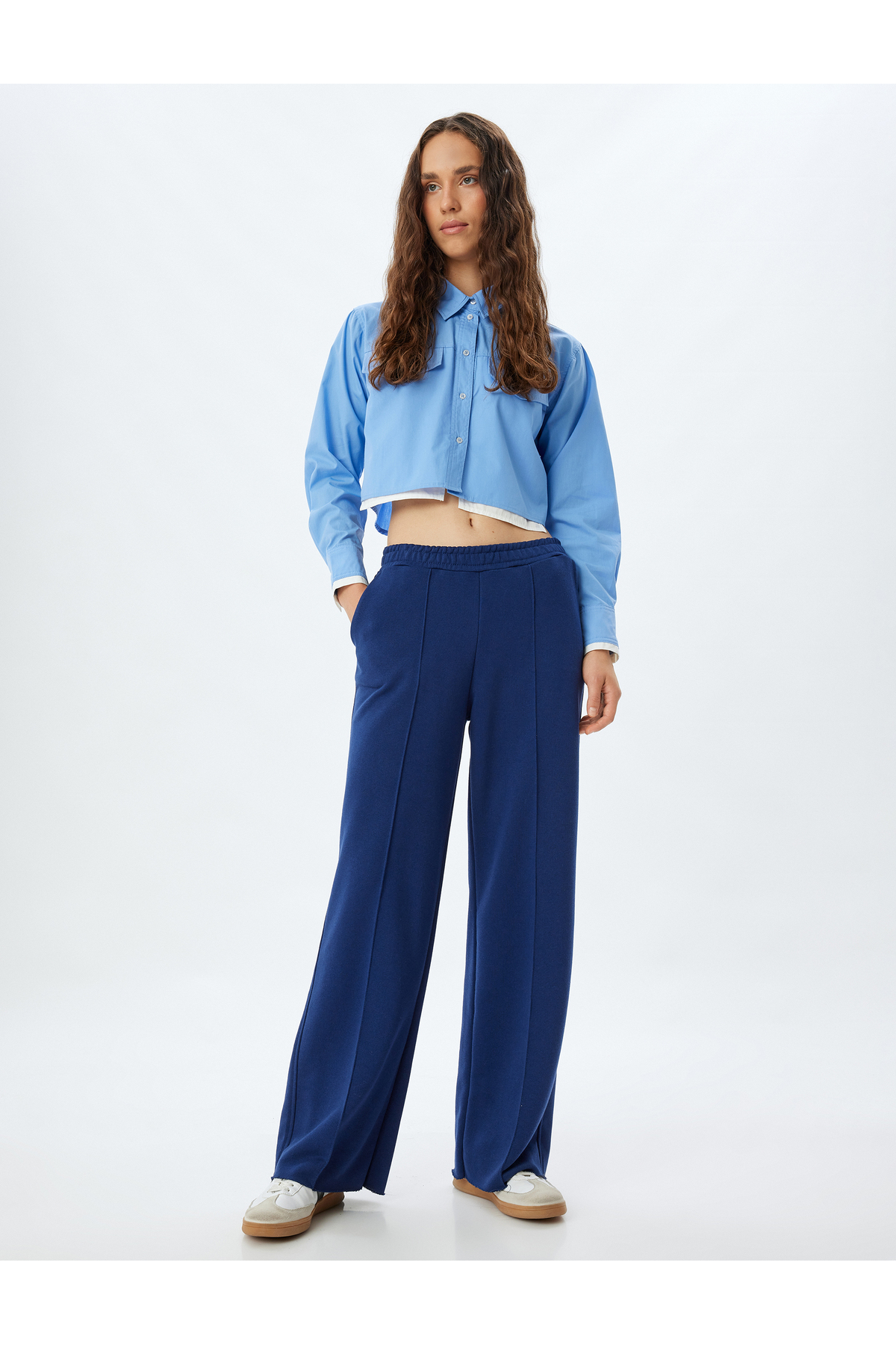 Crop Poplin Gömlek Klasik Yaka Düğmeli Renk Bloklu Cep Detaylı