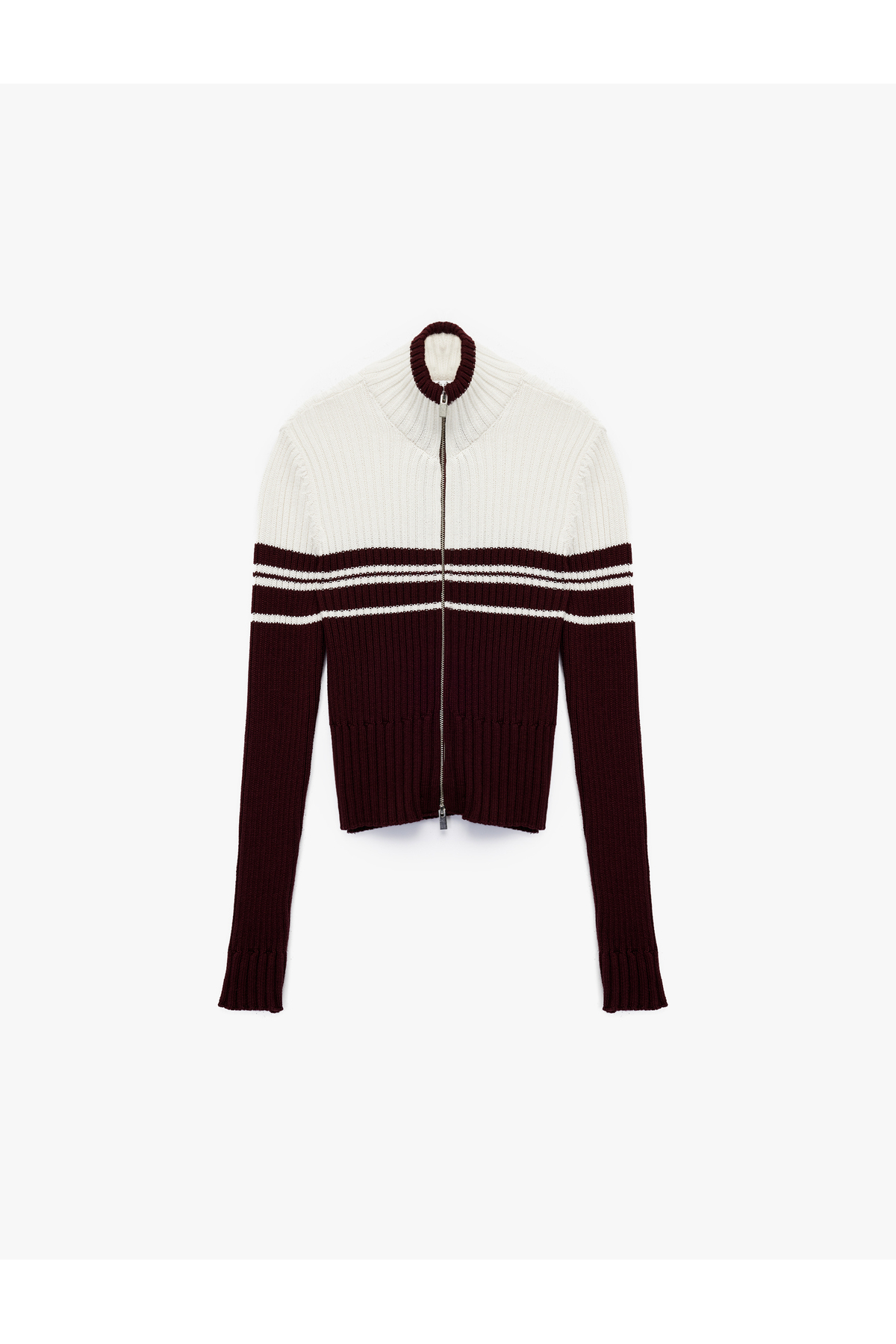 Dik Yaka Slim Fit Uzun Kollu Çizgili Fermuarlı Triko Hırka