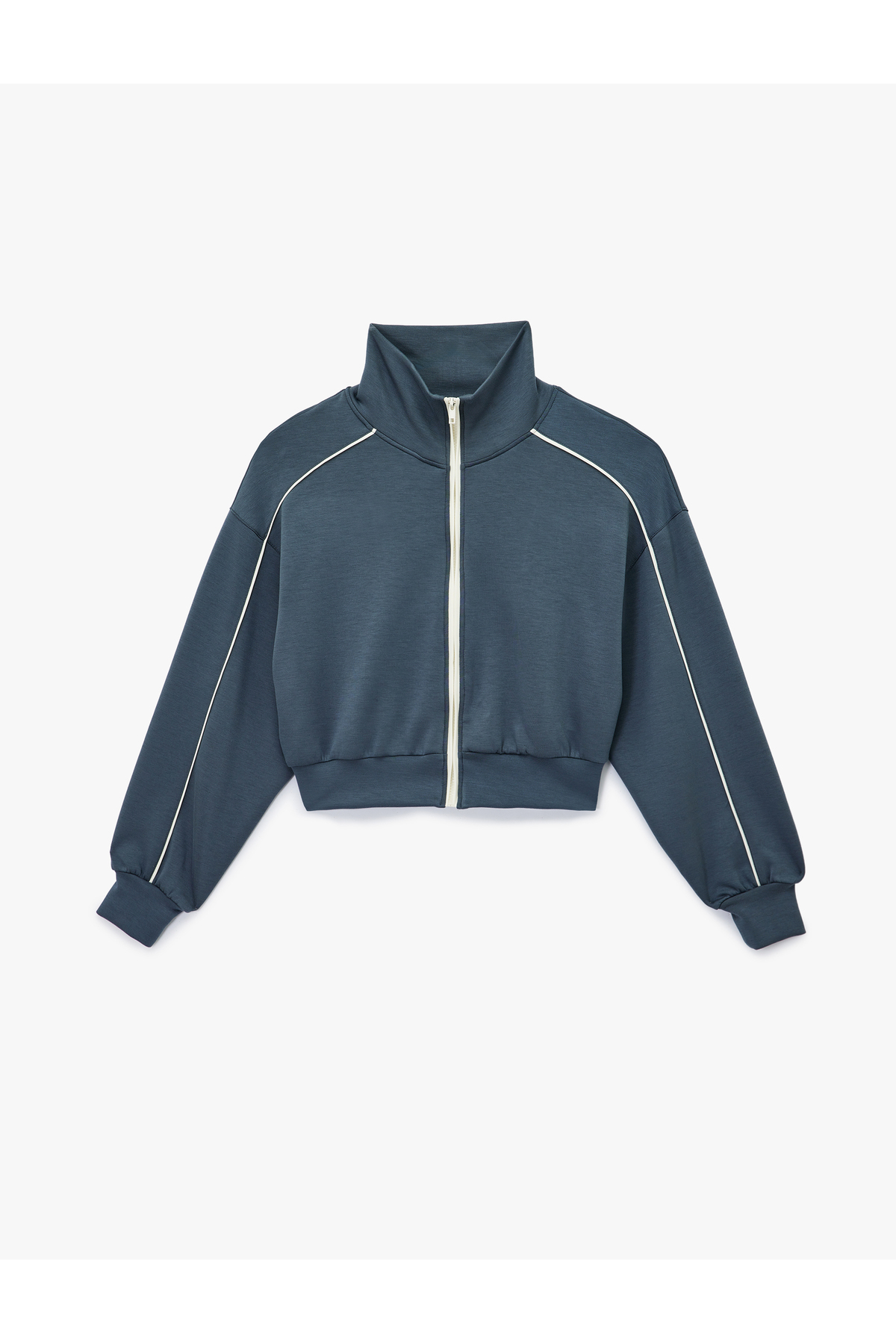 Dik Yaka Viskon Karışımlı Biyeli Fermuarlı Rahat Kalıp Spor Sweatshirt