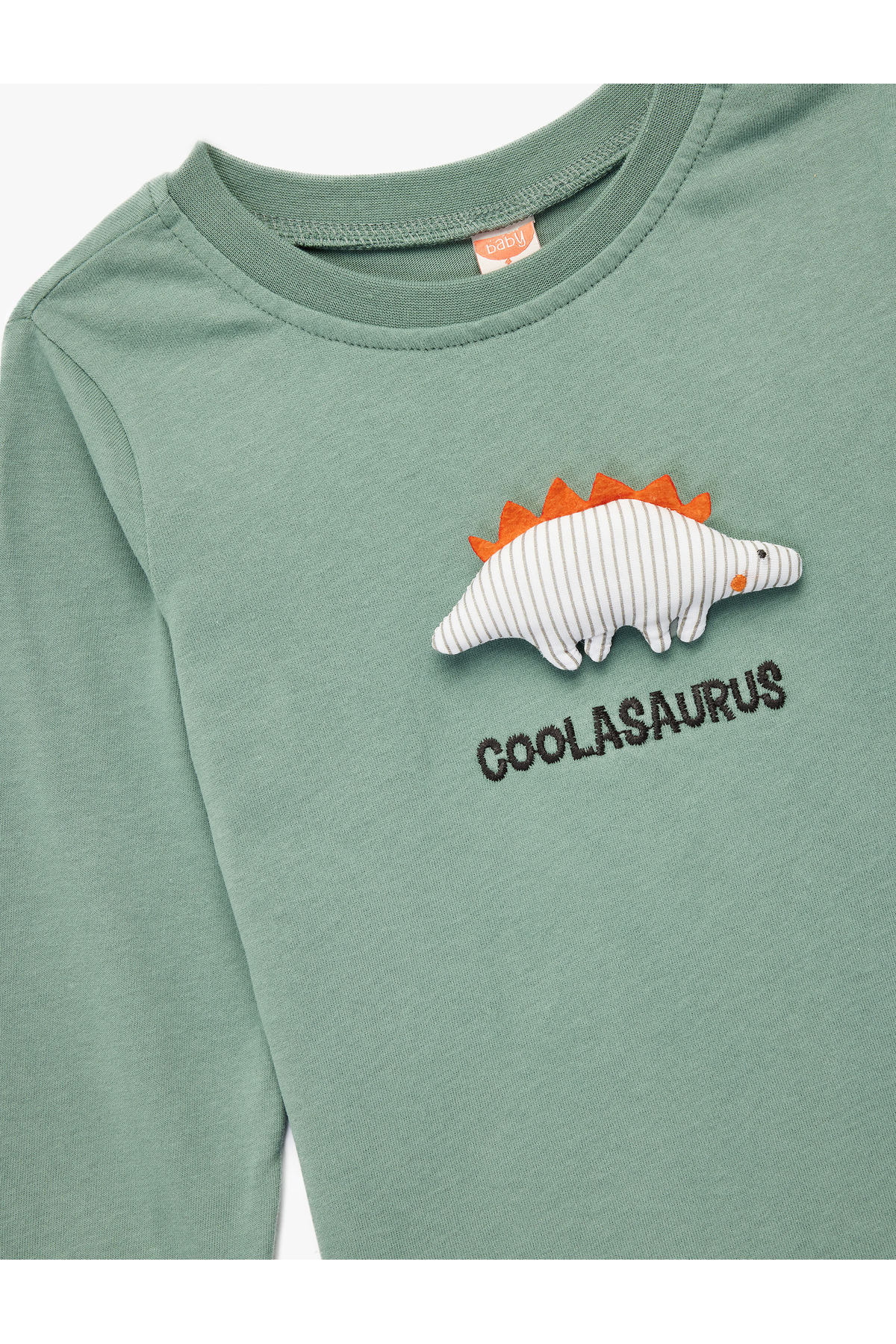 Dinozor Aplikeli Pamuklu Yeşil Erkek Bebek Uzun Kollu T-shirt 6Wmb10027Tk