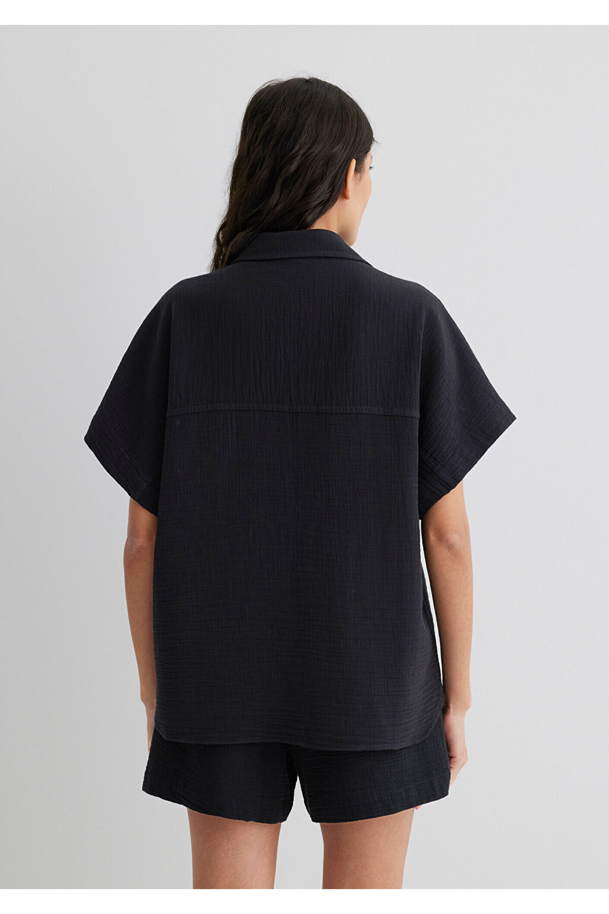 Dokulu Siyah Gömlek Loose Fit / Bol Rahat Kesim 1210758-900