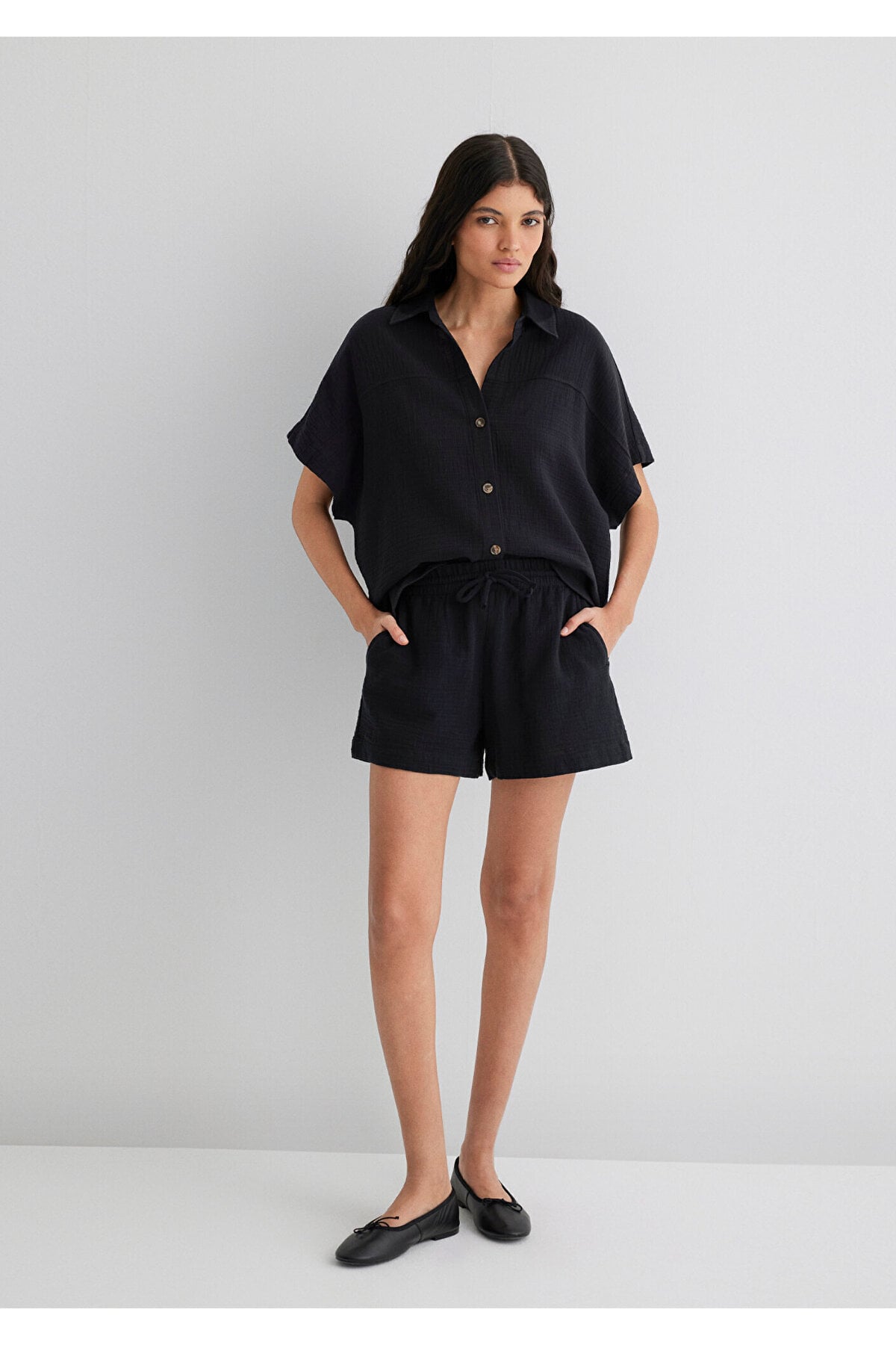 Dokulu Siyah Gömlek Loose Fit / Bol Rahat Kesim 1210758-900