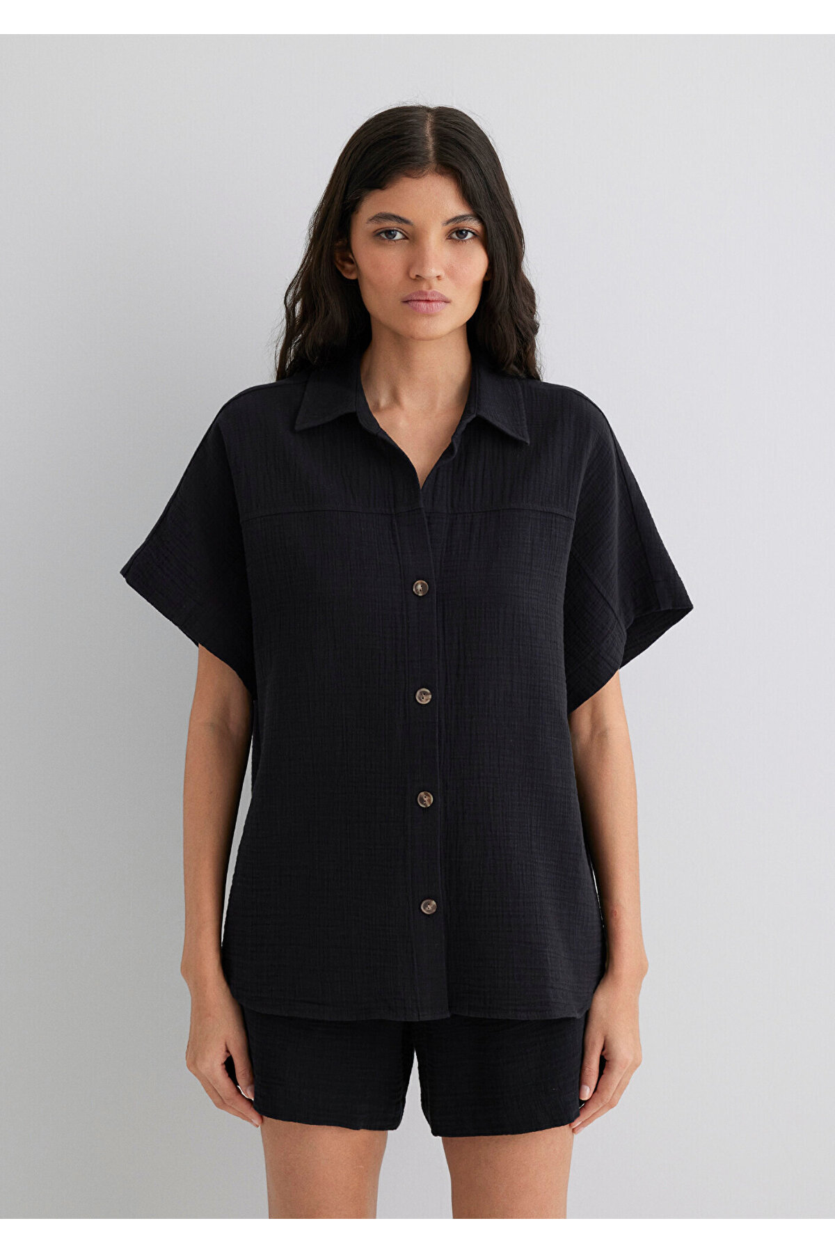 Dokulu Siyah Gömlek Loose Fit / Bol Rahat Kesim 1210758-900