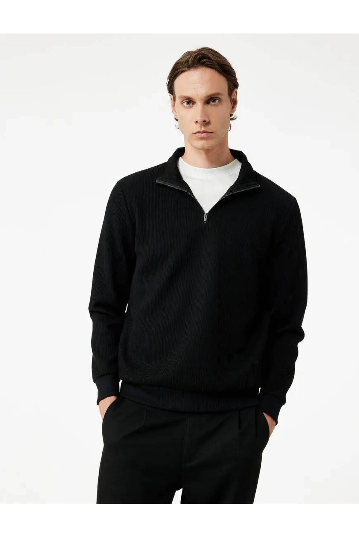 Dokulu Uzun Kollu Yarım Fermuarlı Sweatshirt