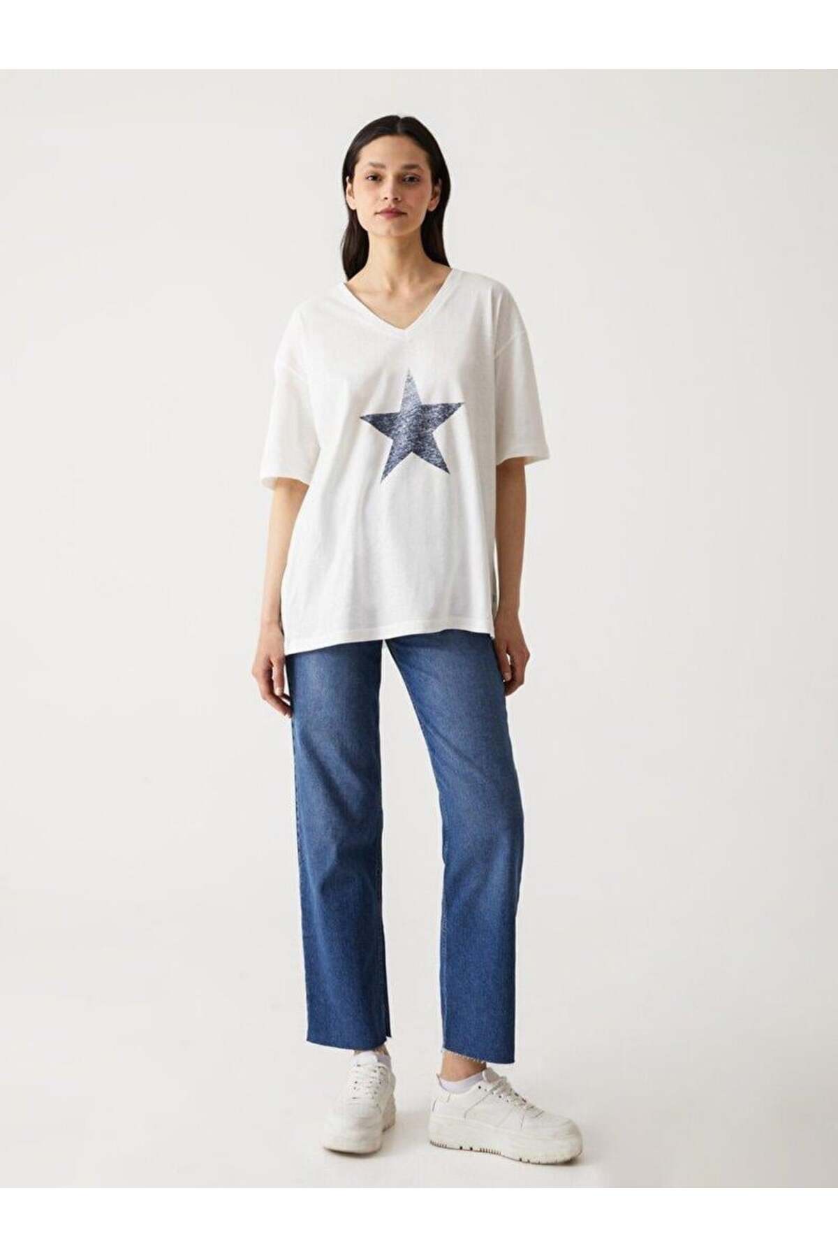 DOZEYE V Yaka Oversize Kadın Kısa Kol T-shırt 1224800056089