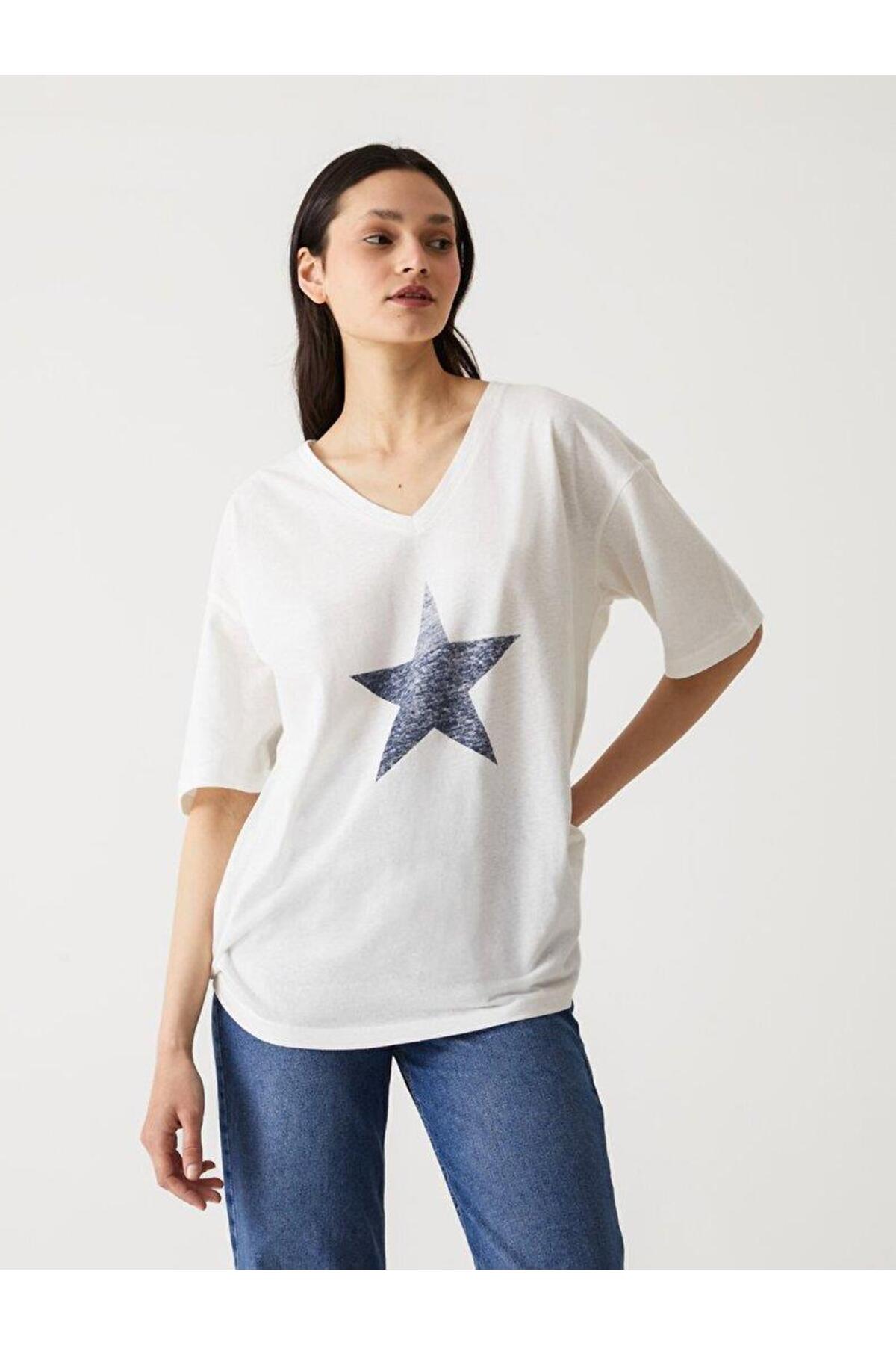 DOZEYE V Yaka Oversize Kadın Kısa Kol T-shırt 1224800056089