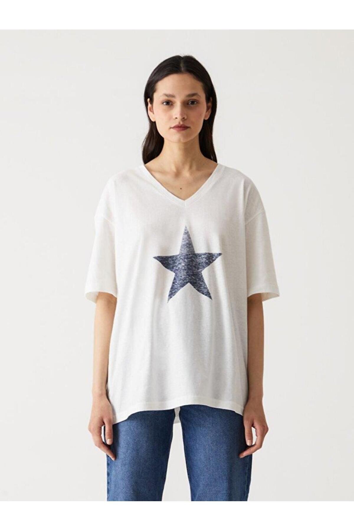 DOZEYE V Yaka Oversize Kadın Kısa Kol T-shırt 1224800056089