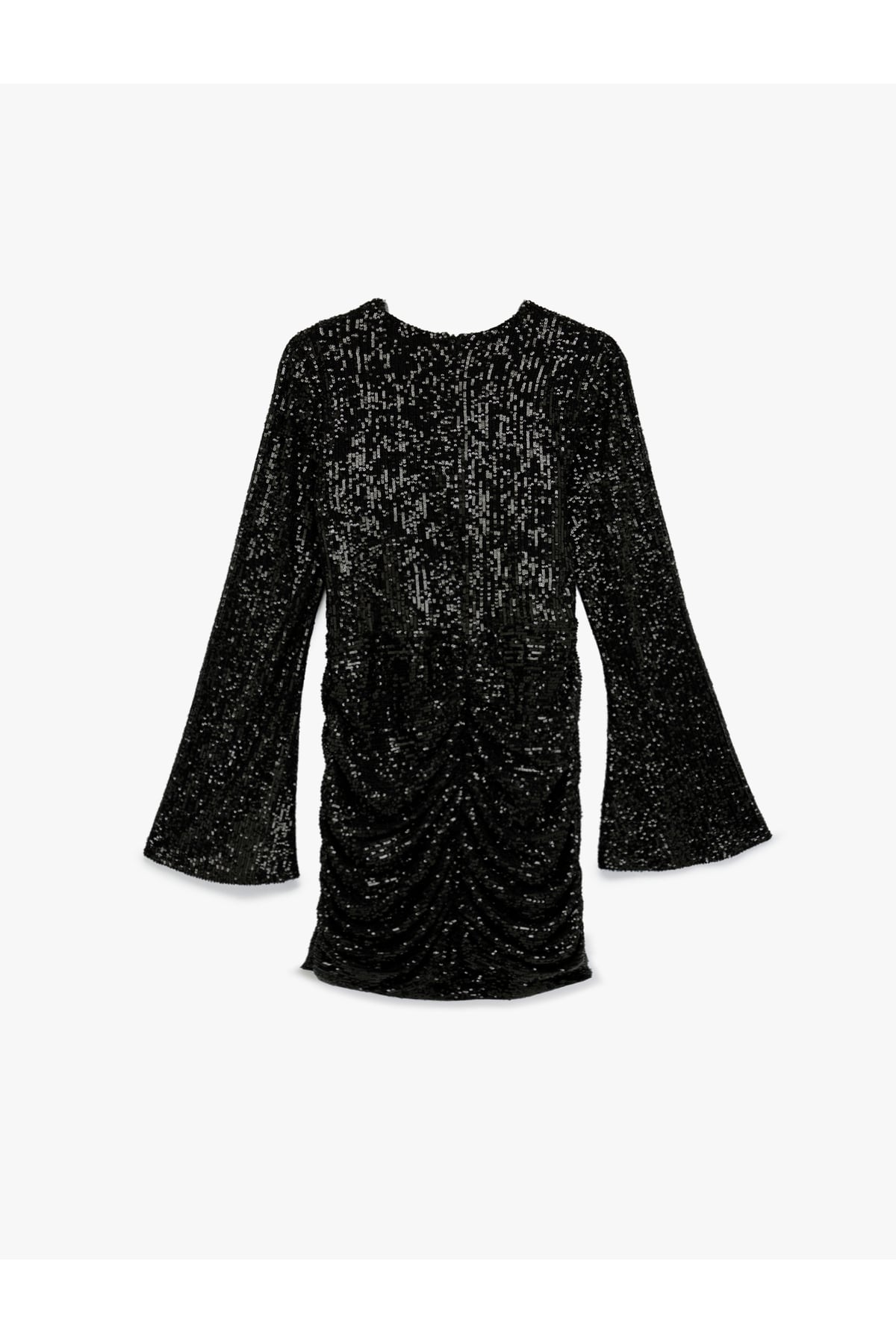 Drape Detaylı Uzun Kollu Bisiklet Yaka Pullu Payetli Mini Abiye Elbise