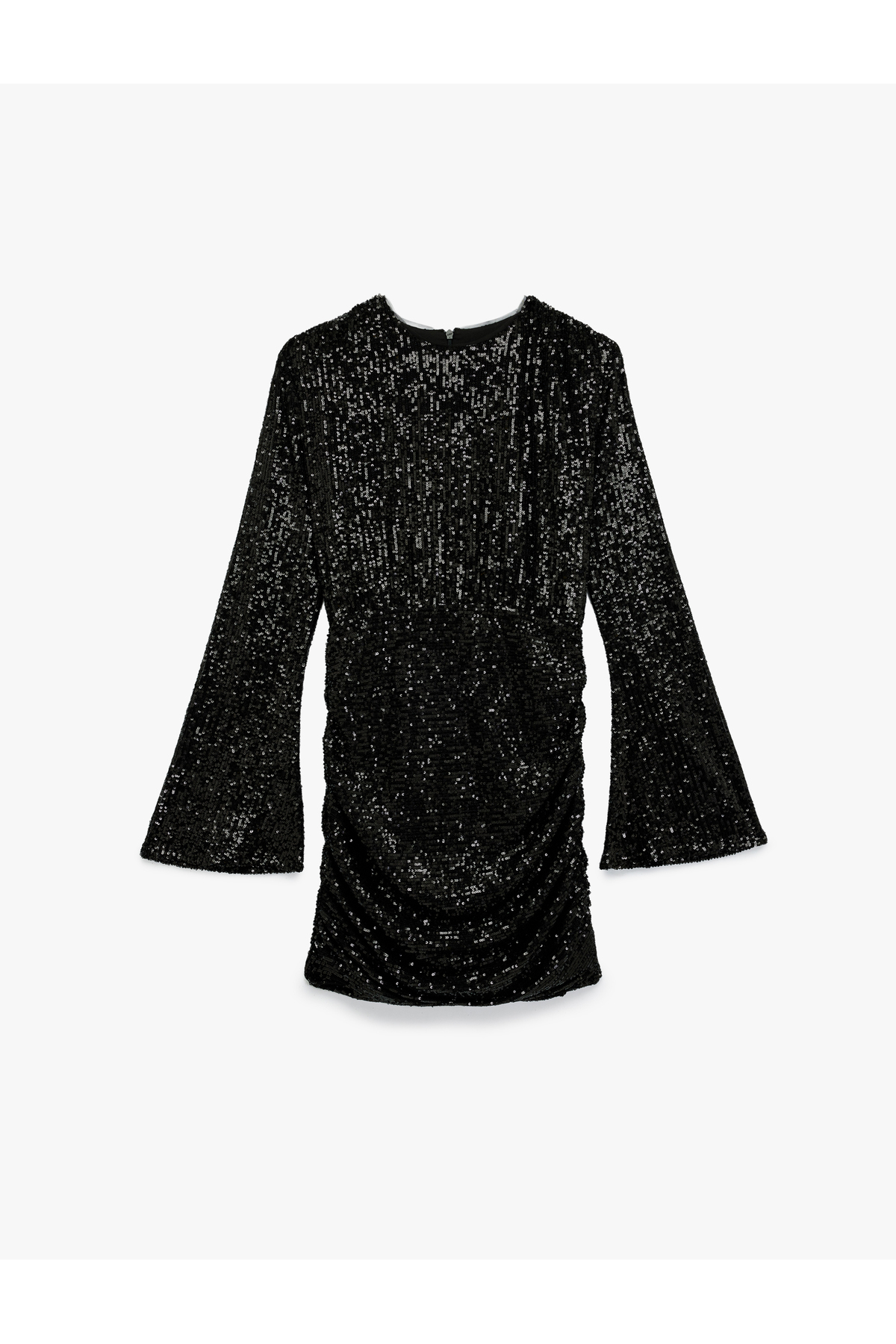 Drape Detaylı Uzun Kollu Bisiklet Yaka Pullu Payetli Mini Abiye Elbise
